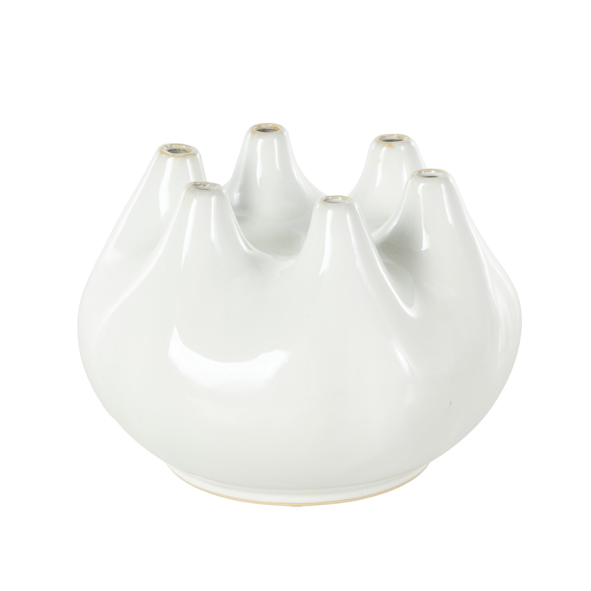 Abstract White Ceramic Round Wide Decorative Vase with Multiple Openings