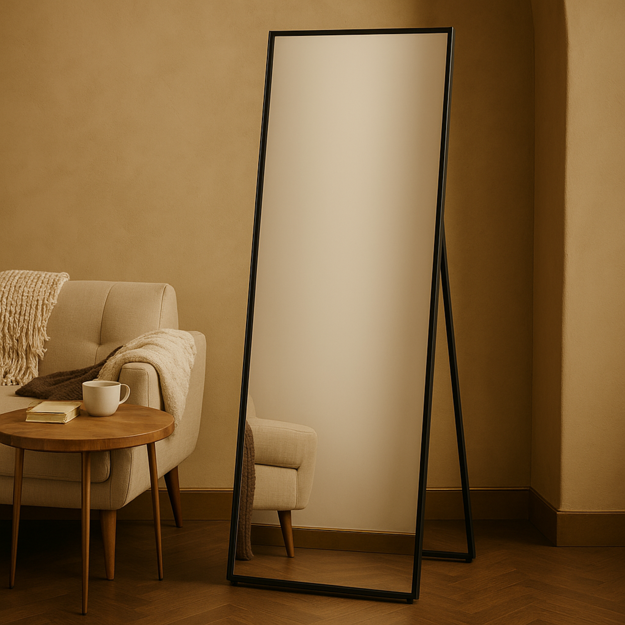 Black Metal Foldable Room Floor Mirror with Thin Frame
