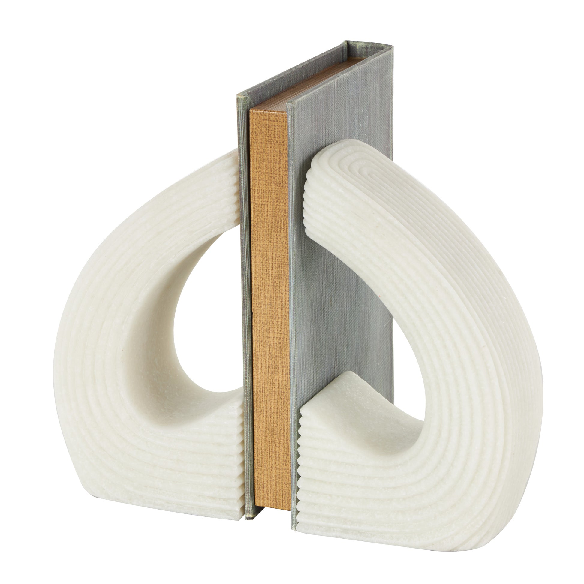 Set of 2 Geometric White Polystone Heart Inspired Decorative Bookends with Shimmer Details