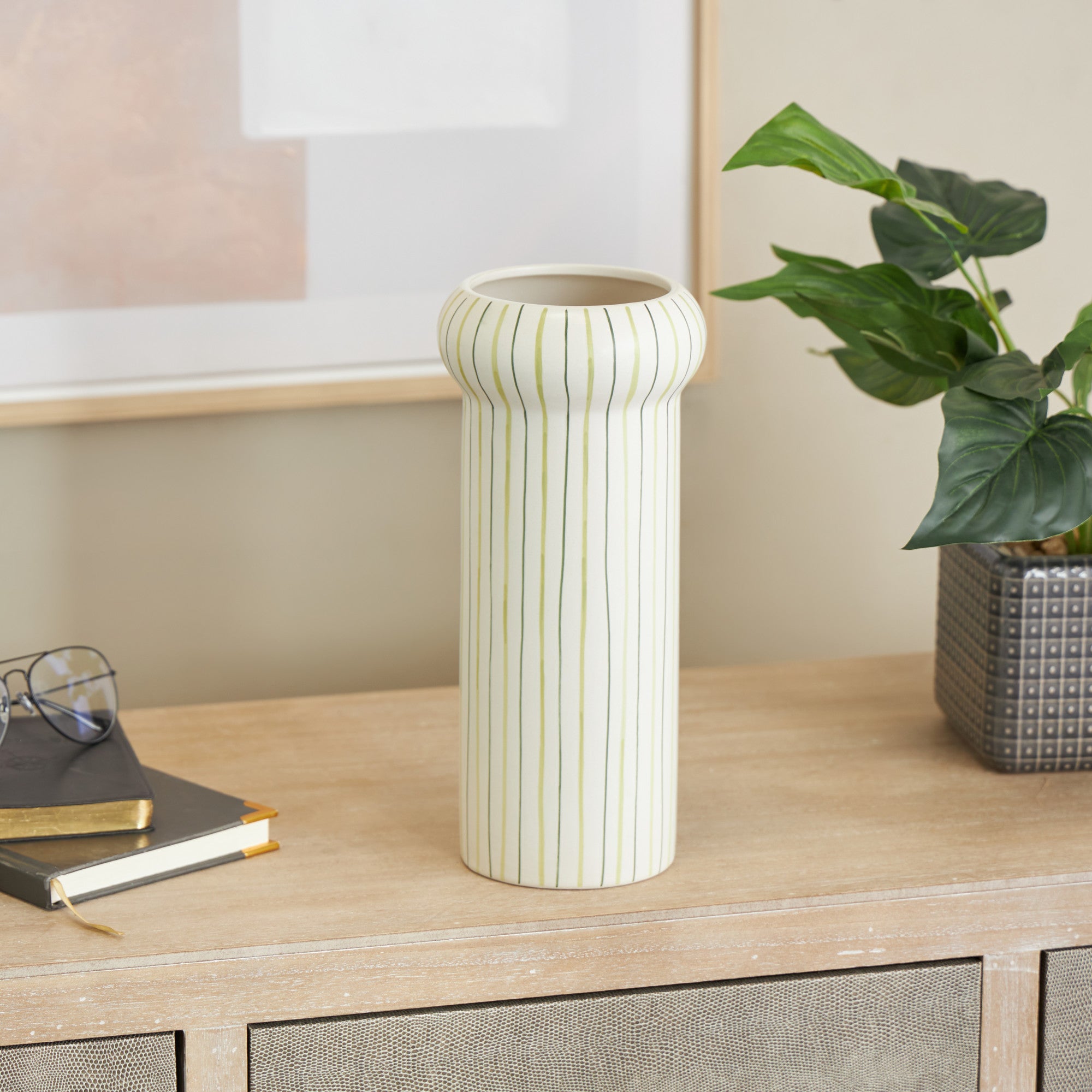 Abstract White Ceramic Round Decorative Vase with Green Linear Patterns