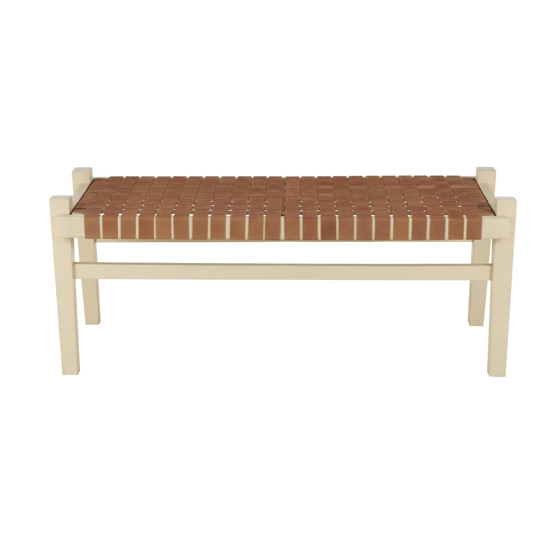 Leather Handmade Woven Seat Home Bench with Beige Wood Base