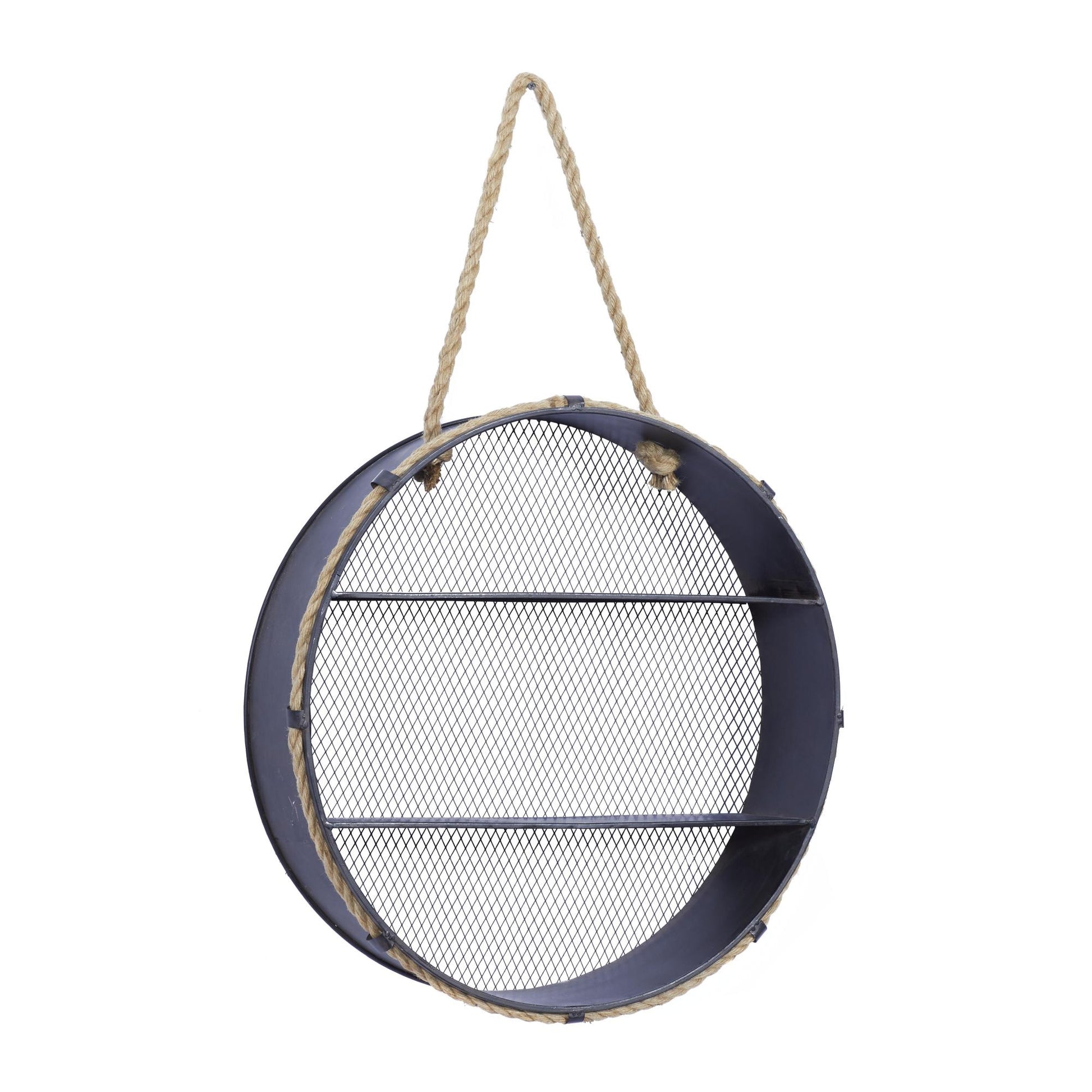 Black Metal Round 2 Shelves Room Wall Shelf with Hanging Rope