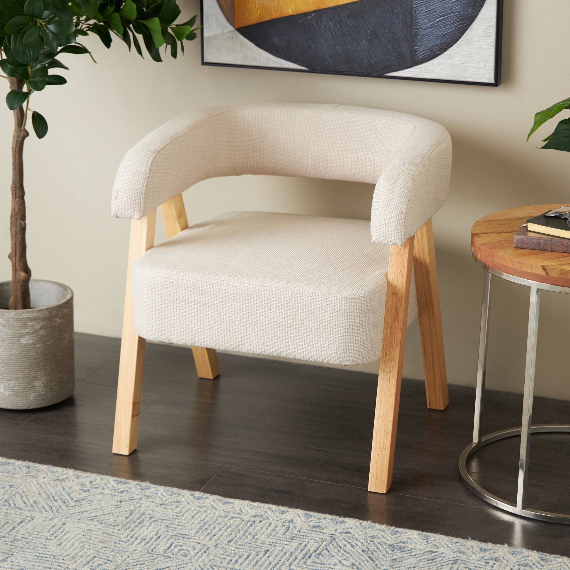 Beige Polyester Arched Boucle Living Room Accent Chair with Brown Angled Wooden Legs