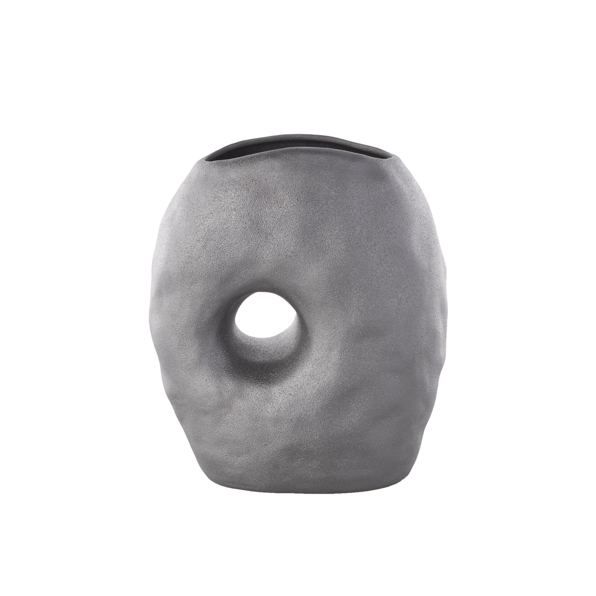 Abstract Gray Ceramic Wavy Donut Decorative Vase with Cutout Center