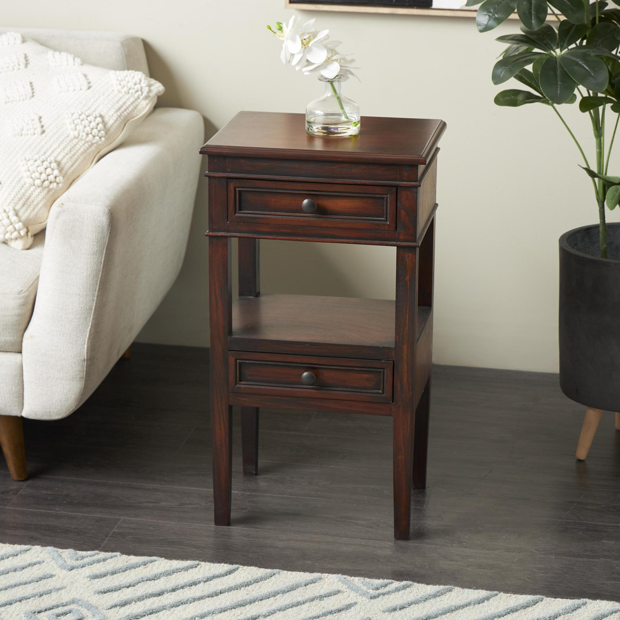 Wood Square 2 Drawer and 1 Shelf Side End Accent Table