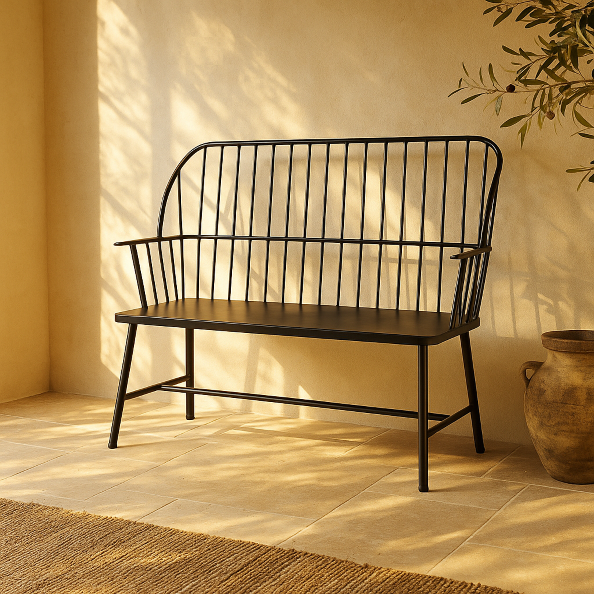 Black Metal Grill Style High Back Frame Patio Outdoor Bench with Trestle Legs and Armrests