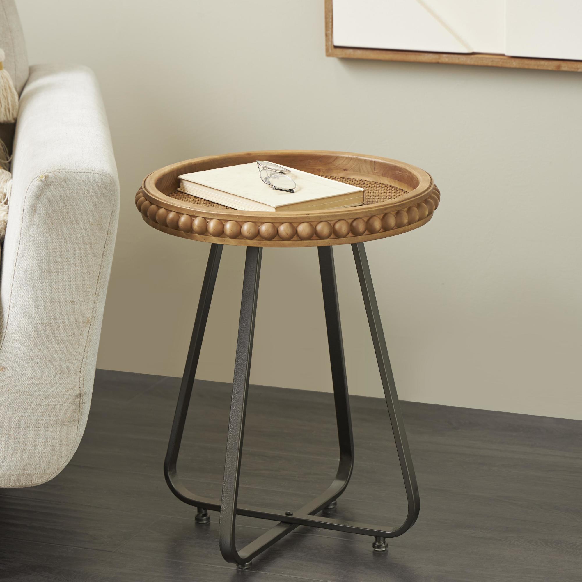 Brown Wood Beaded Side End Accent Table with Rounded Gray Metal Base and Rattan Accent
