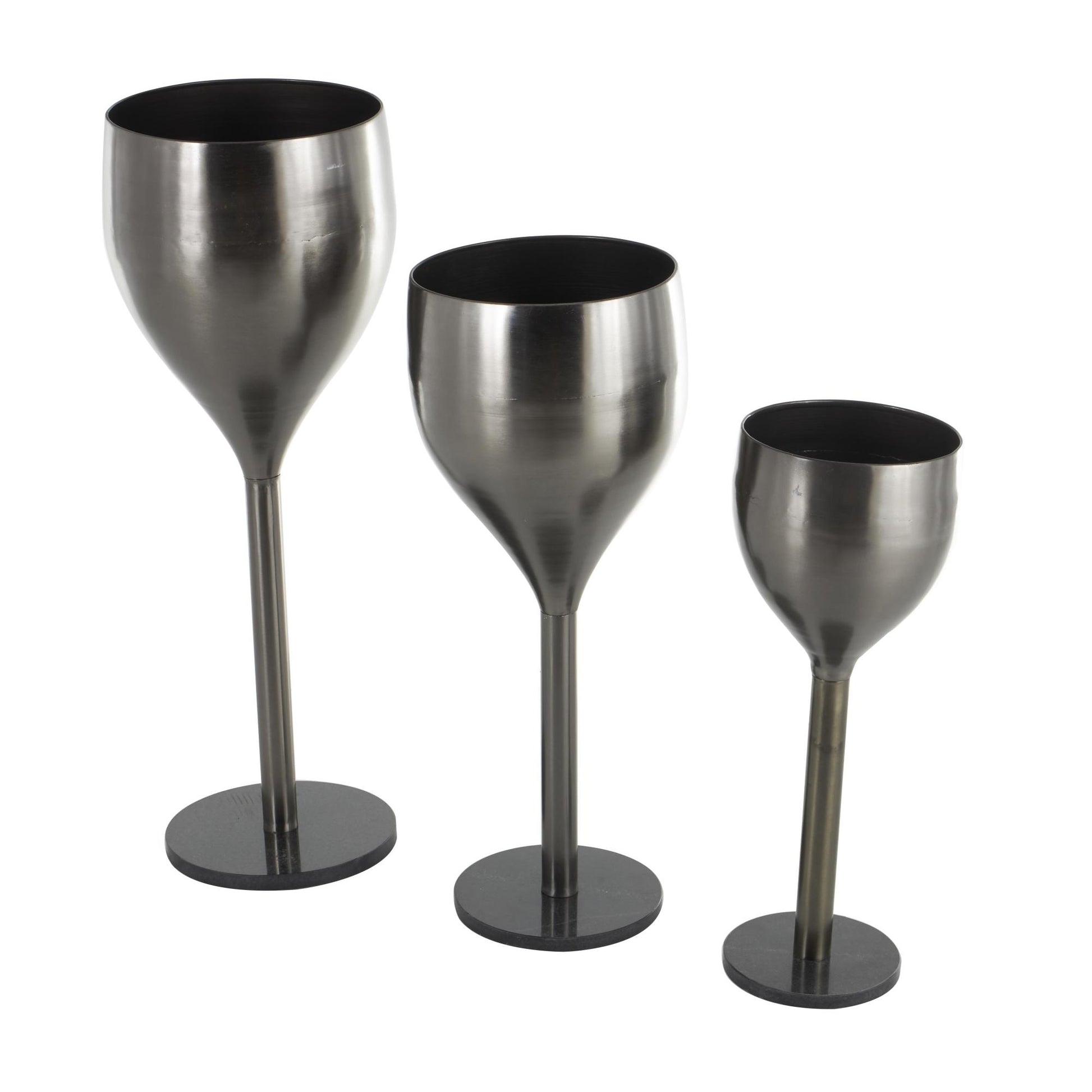 Set of 3 Wine Silver Metal Glass Inspired Indoor Outdoor Planter with Black Marble Base