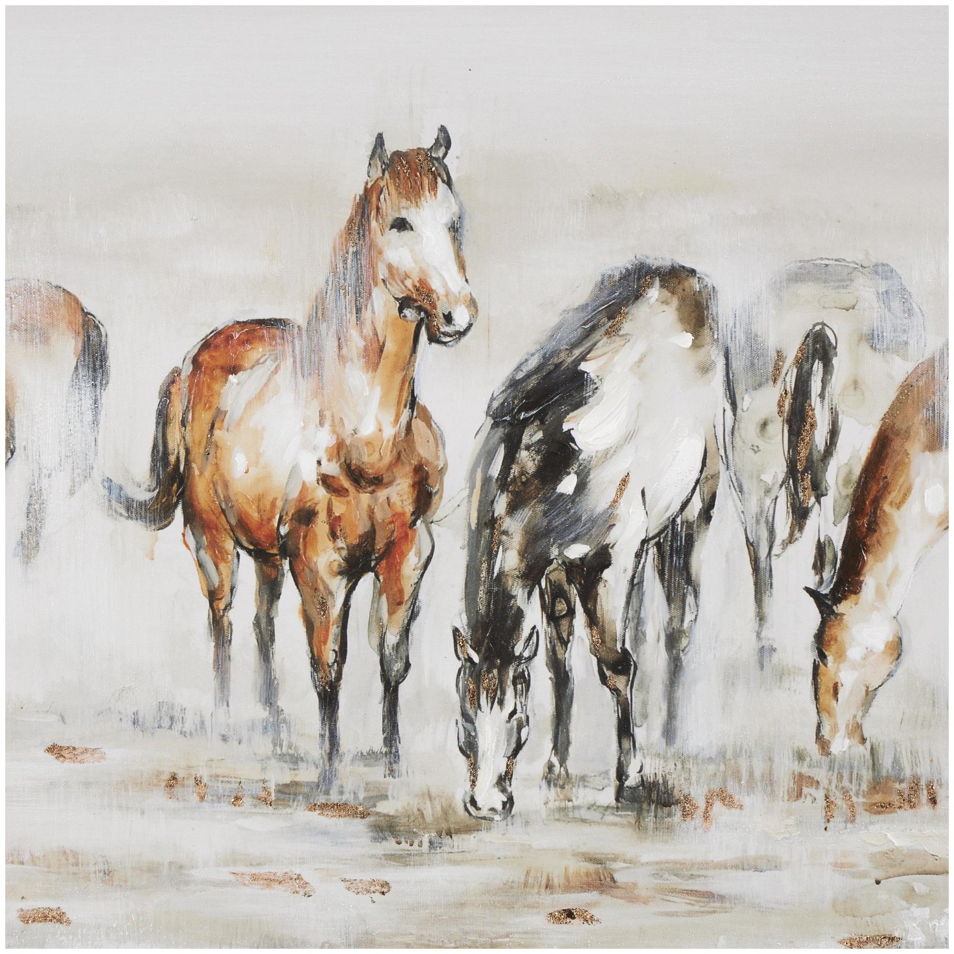 Horse Brown Canvas Decorative Wall Art with Wooden Frame and Gold Foil Accents