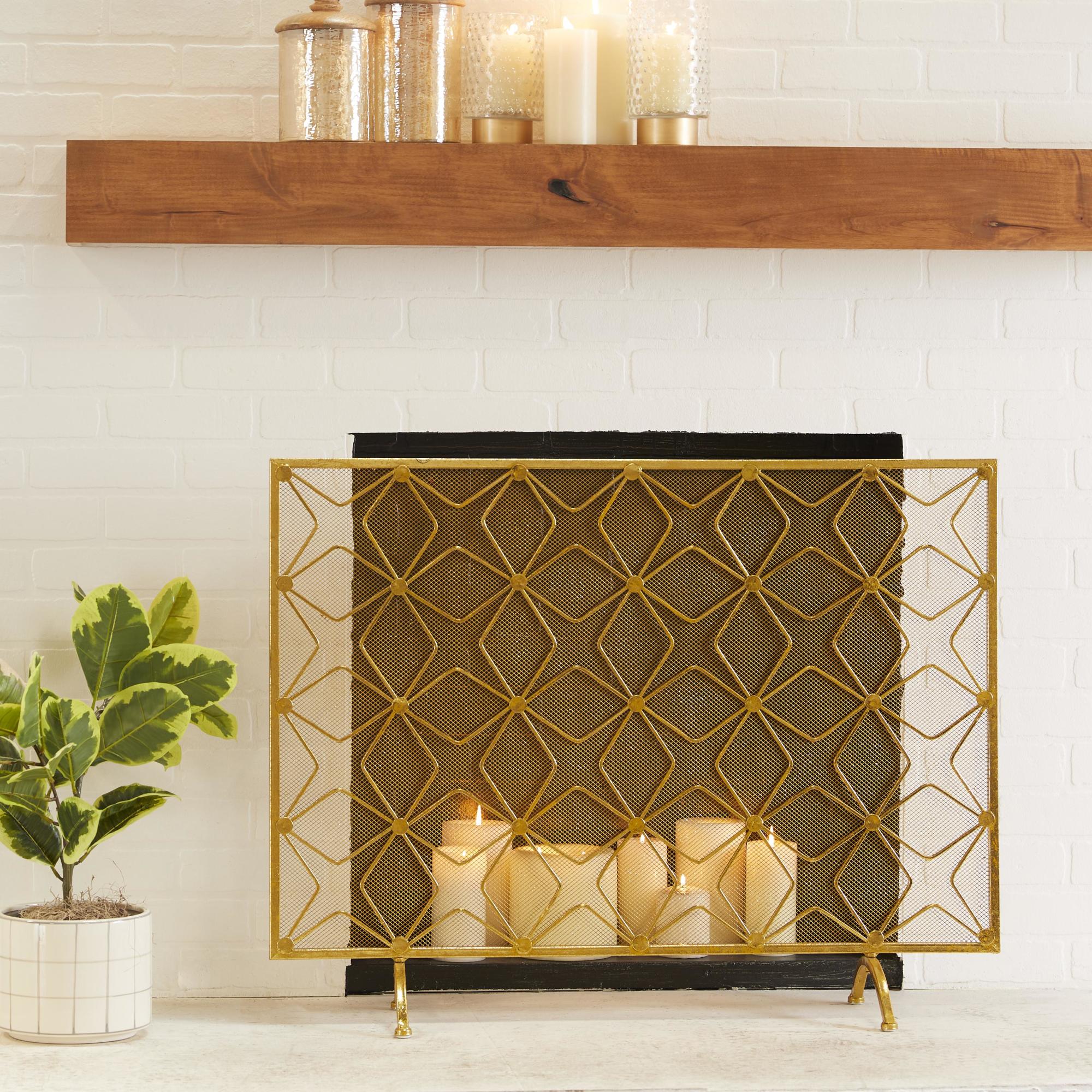 Geometric Gold Metal Star Patterned Single Panel Living Room Fireplace Screen with Mesh Netting