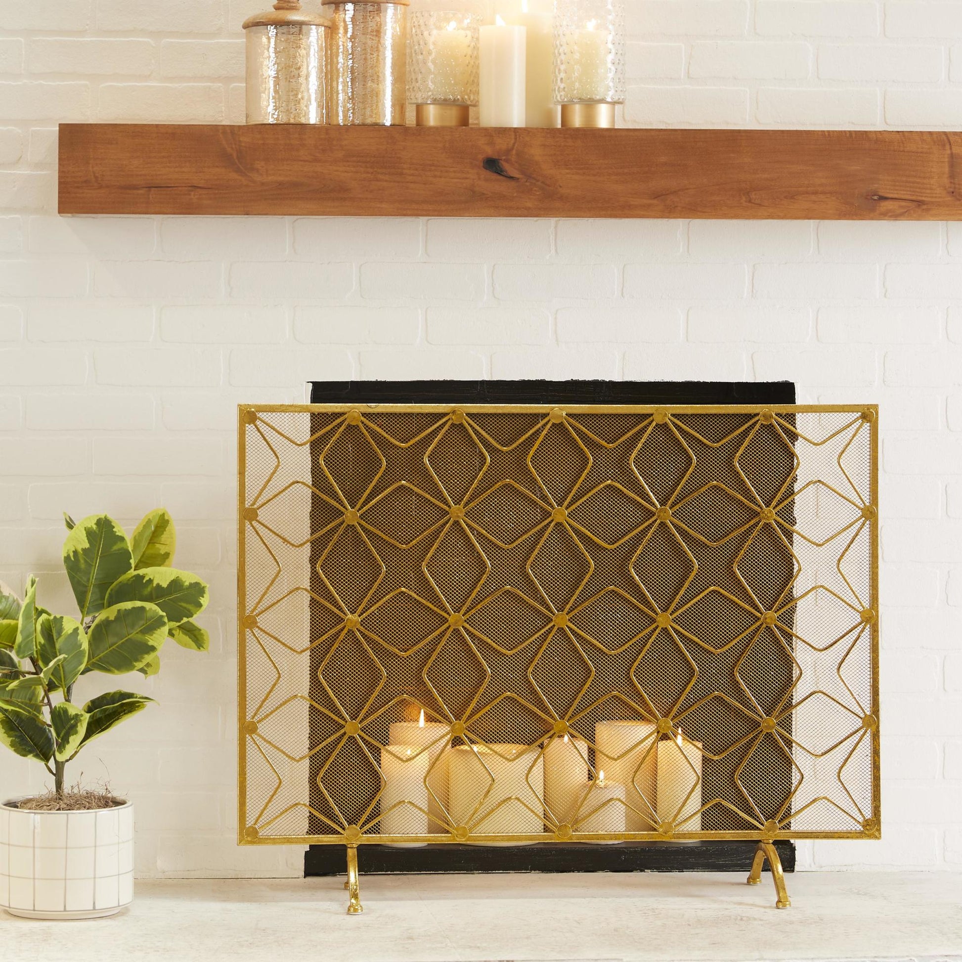 Geometric Gold Metal Star Patterned Single Panel Living Room Fireplace Screen with Mesh Netting