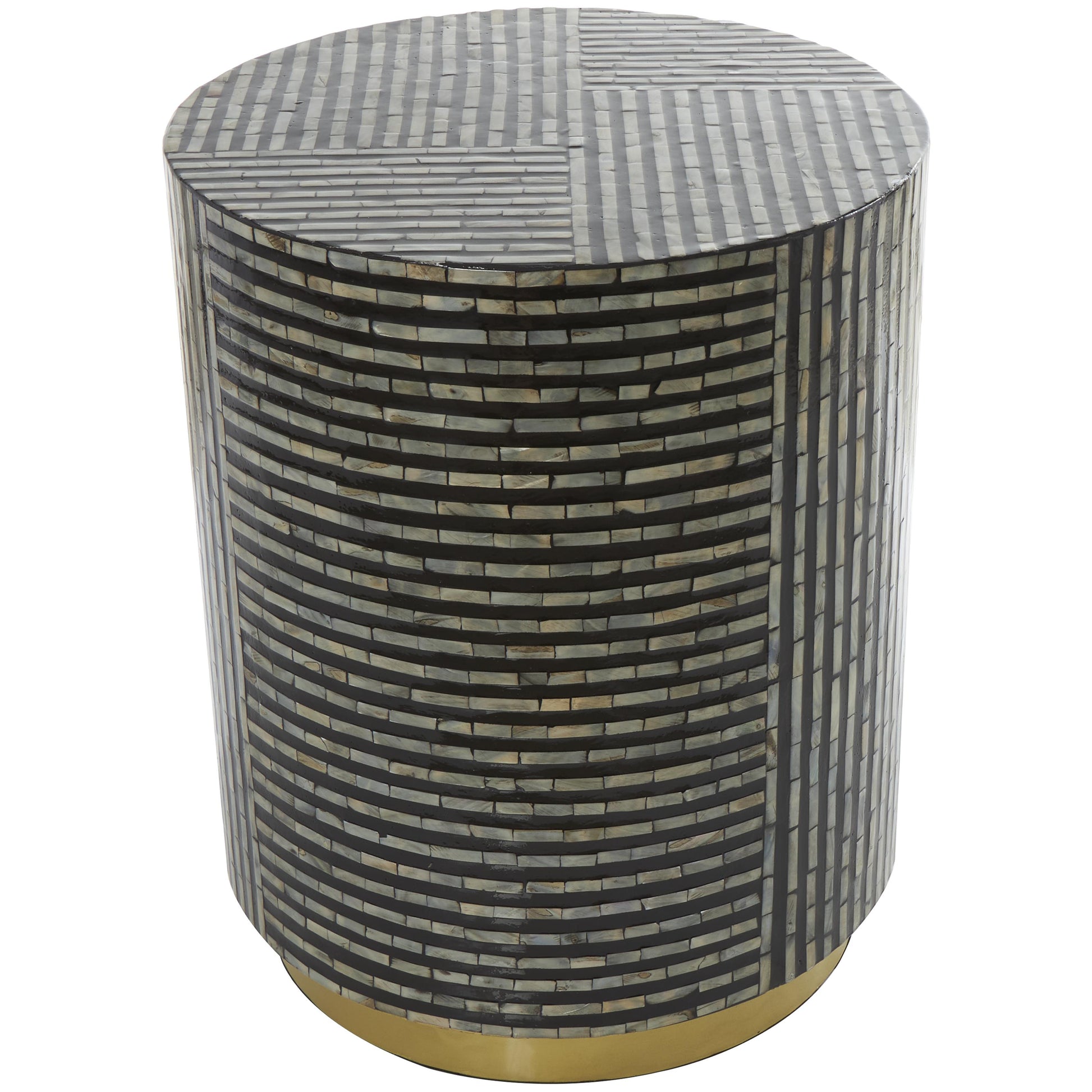 Geometric Mother of Pearl Shell Side End Accent Table with Gold Base