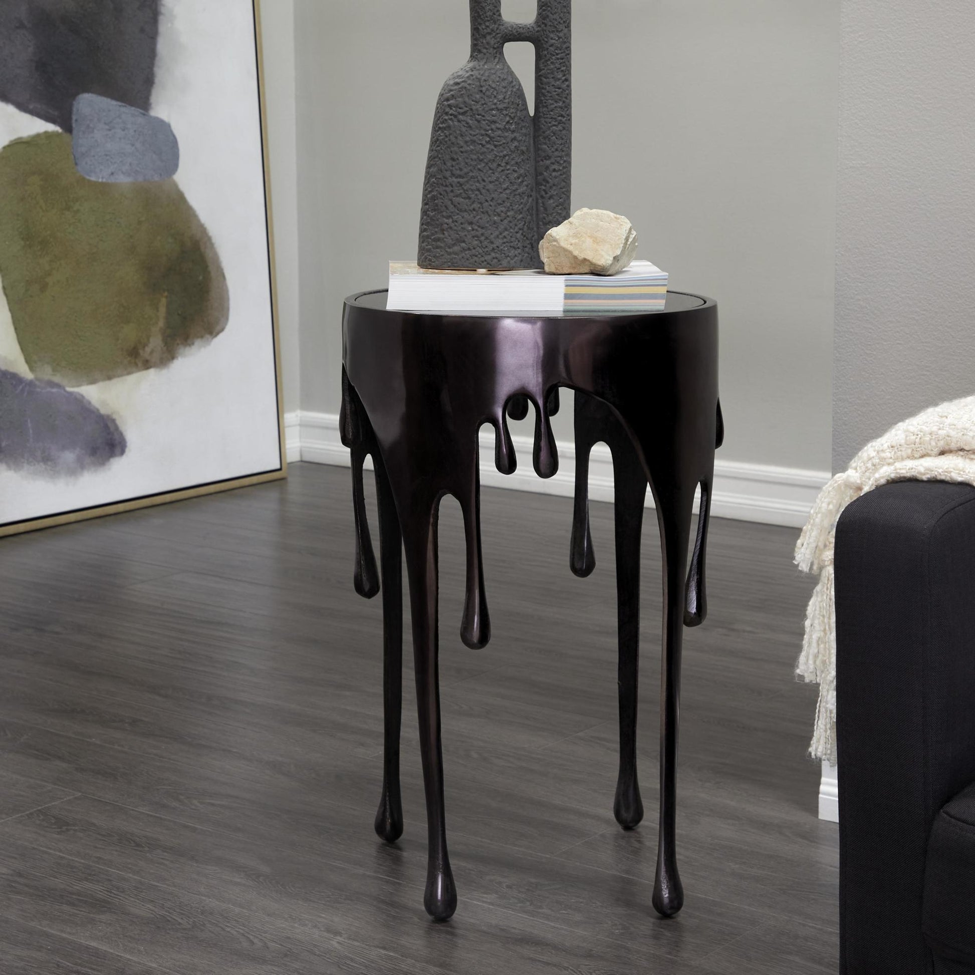 Abstract Aluminum Metal Drip Side End Accent Table with Melting Design and Shaded Glass Top