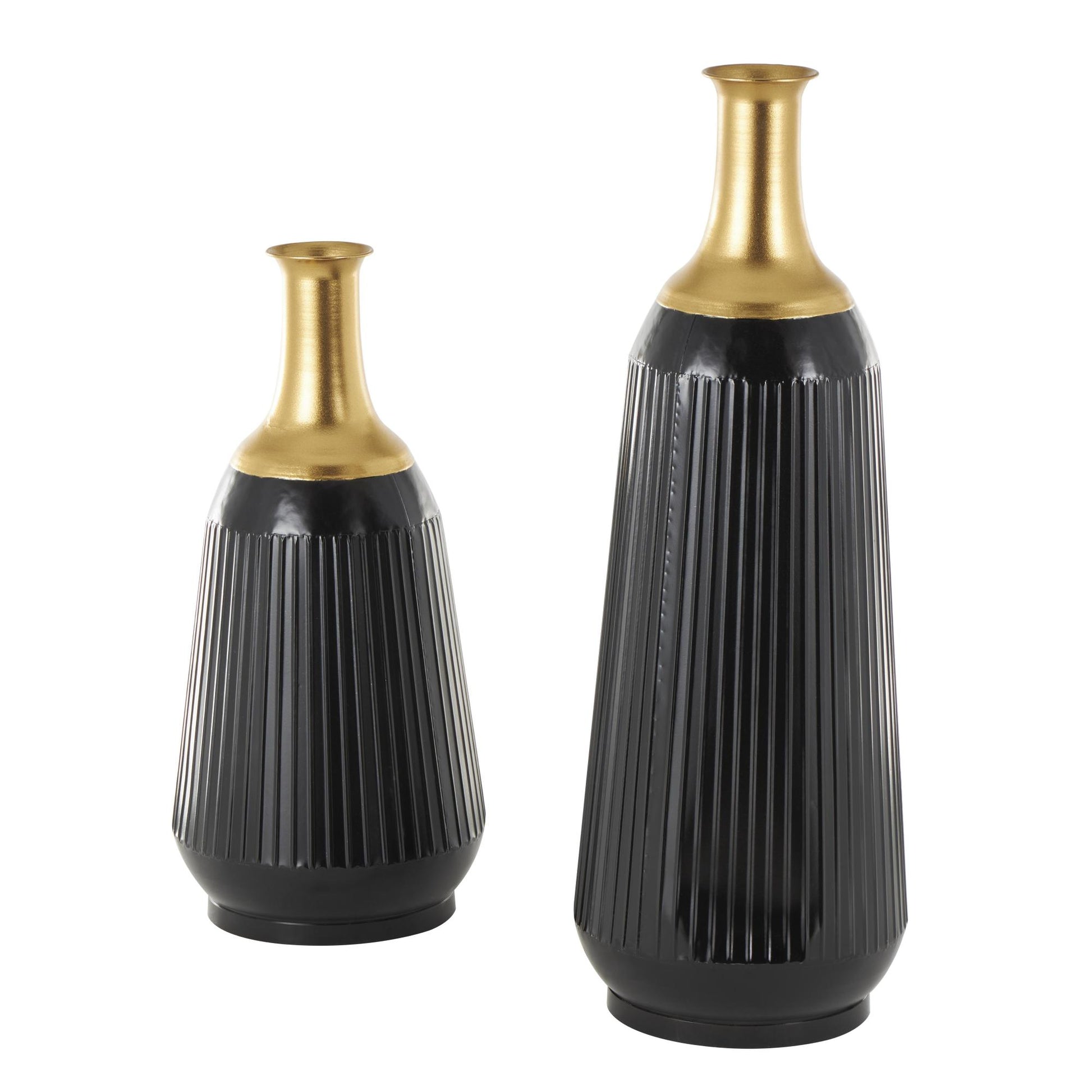 Set of 2 Black Metal Tall Ribbed Decorative Vase with Gold Tops