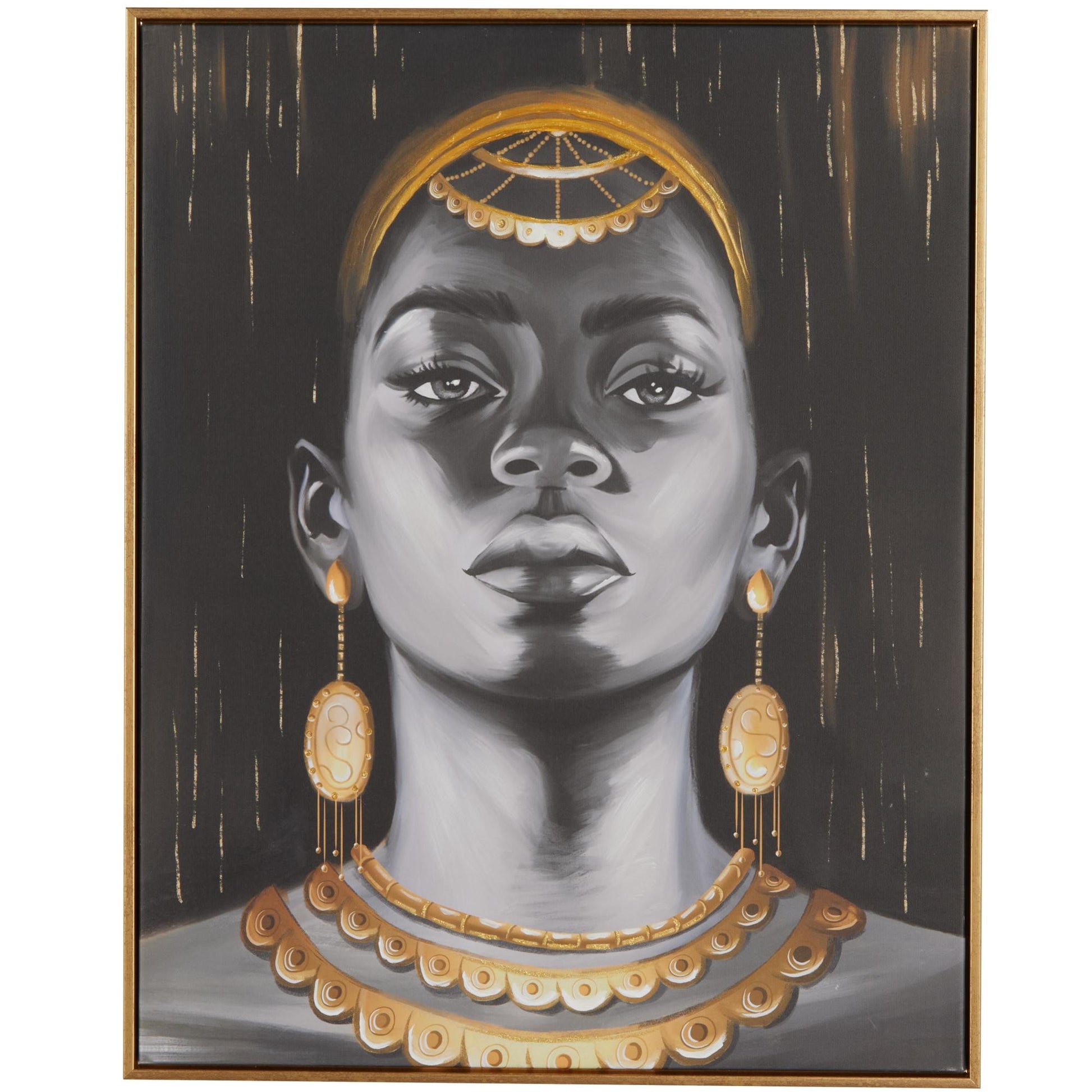 Woman Black Canvas Shaded Living Room Framed Wall Art with Decorative Jewelry and Gold Foil Accents