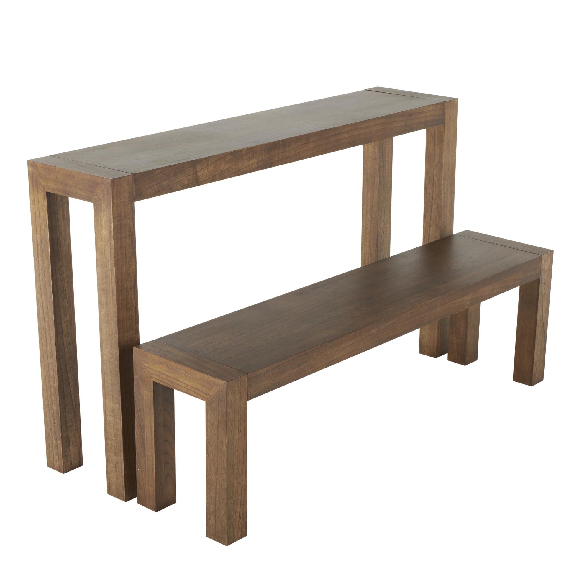 Set of 2 Brown Wood Rectangular Living Room Console Table with Bench