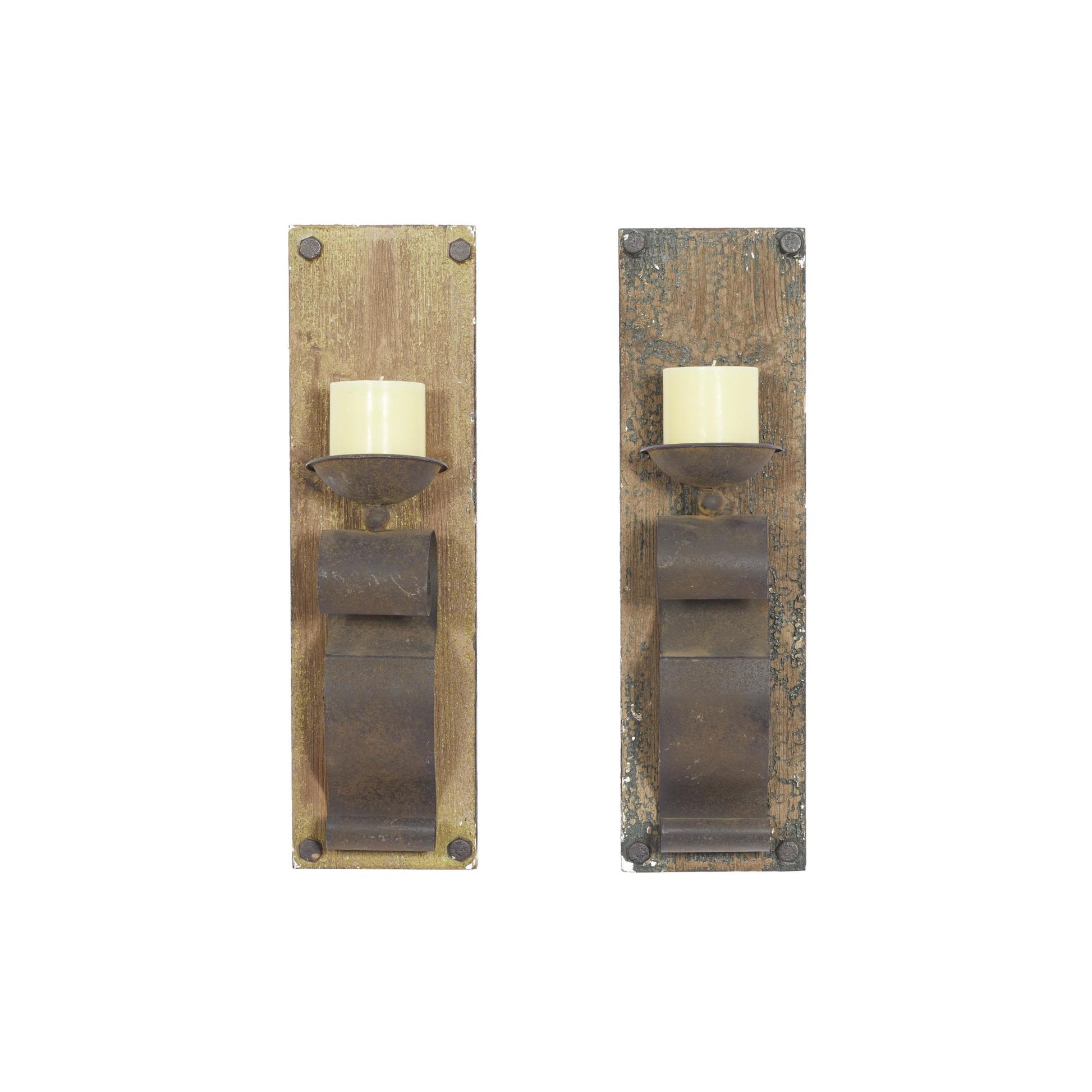 Set of 2 Scroll Brown Wood Distressed Pillar Indoor Outdoor Wall Sconce with Bronze Metal Holders