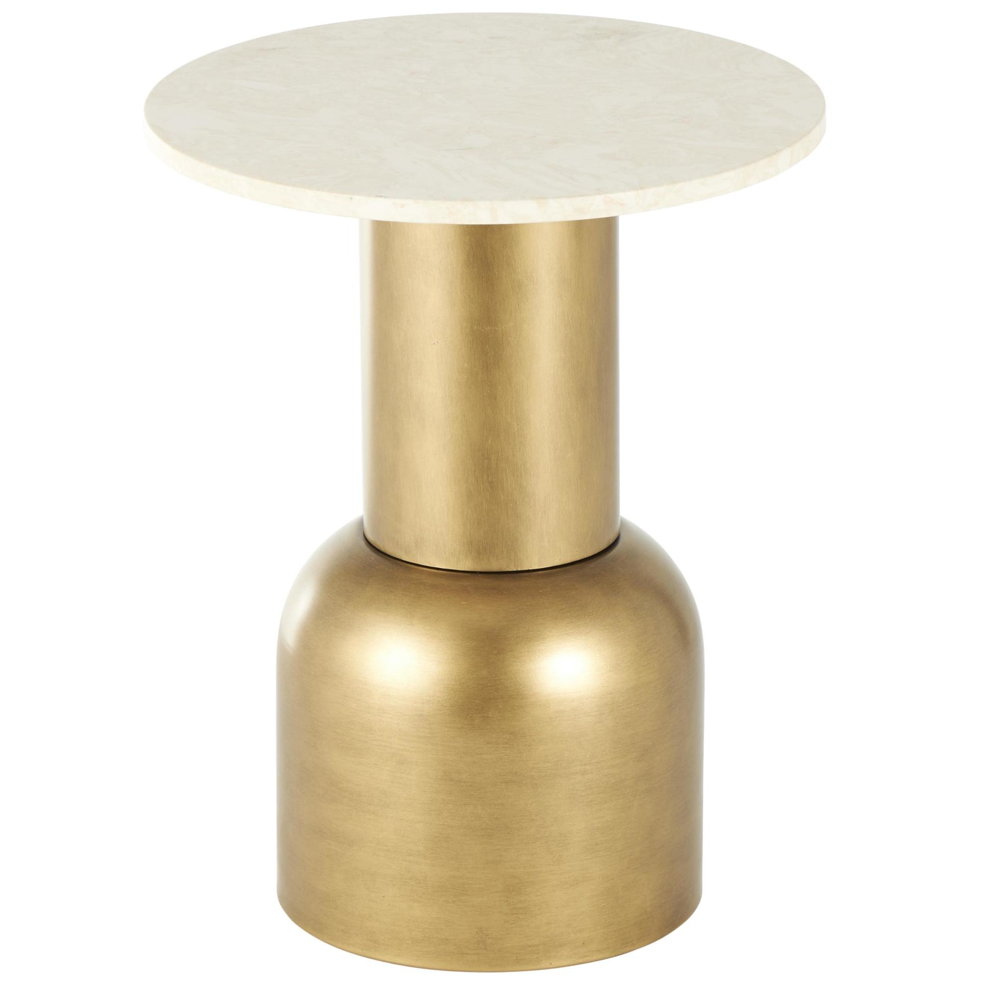 Gold Metal Pedestal Side End Accent Table with Cream Marble Tabletop