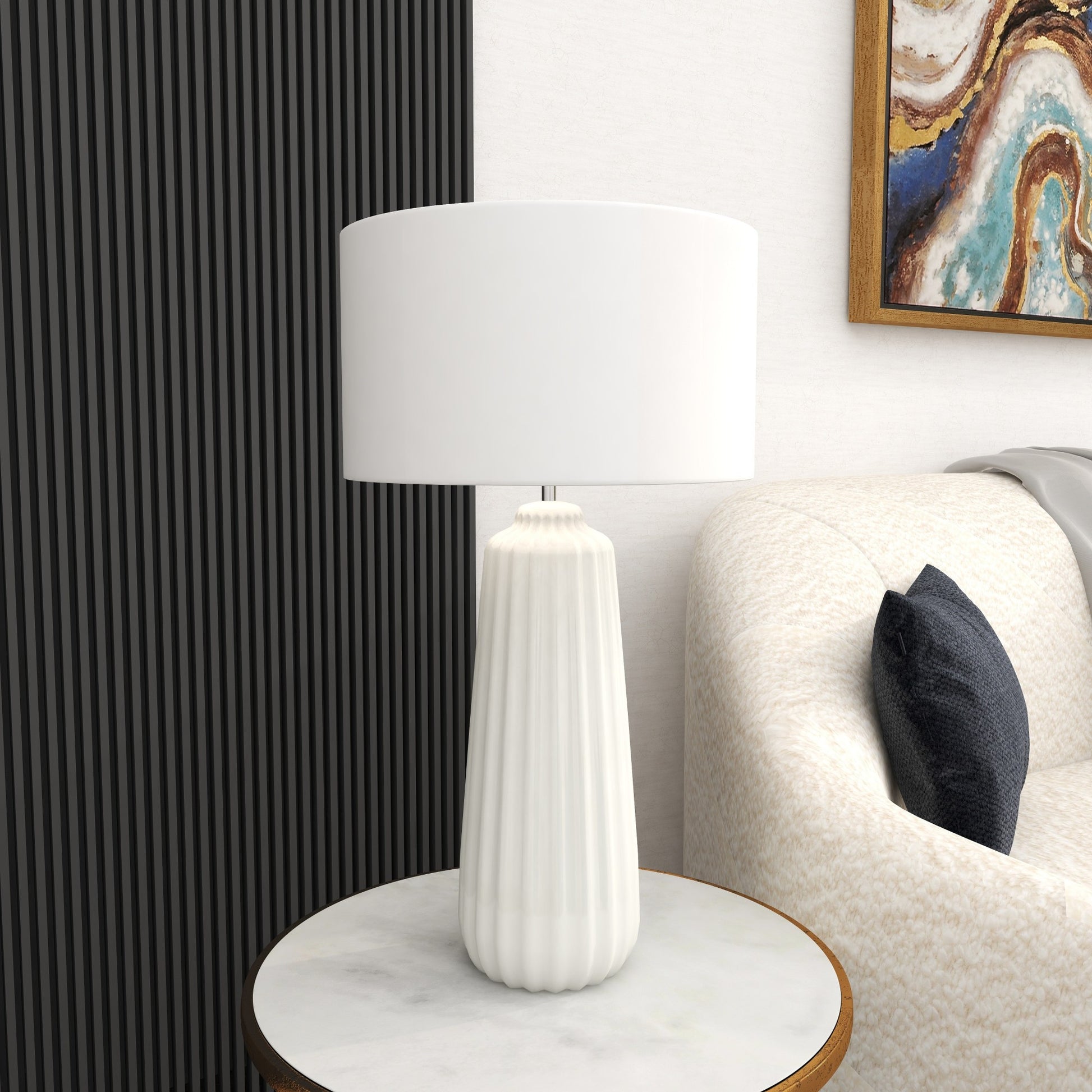 White Ceramic Ribbed Room Table Lamp