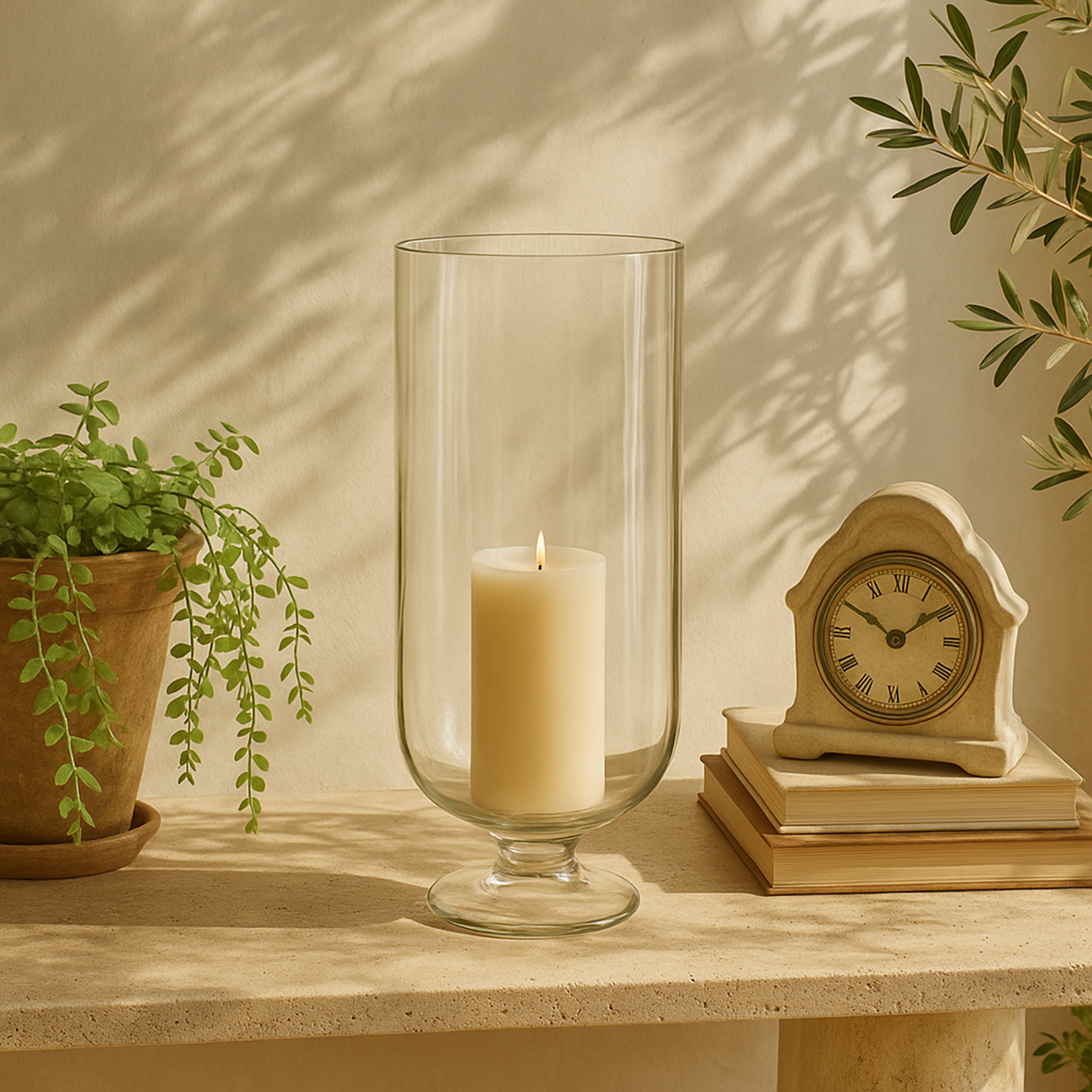 Clear Glass Ribbed Fluted Decorative Candle Holder with Elevated Base