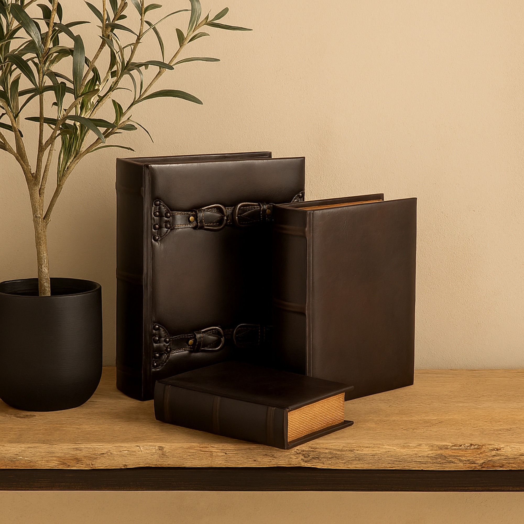 Set of 3 Dark Brown Faux Leather Vintage Faux Book Storage Decorative Box with Gold Buckle Accents