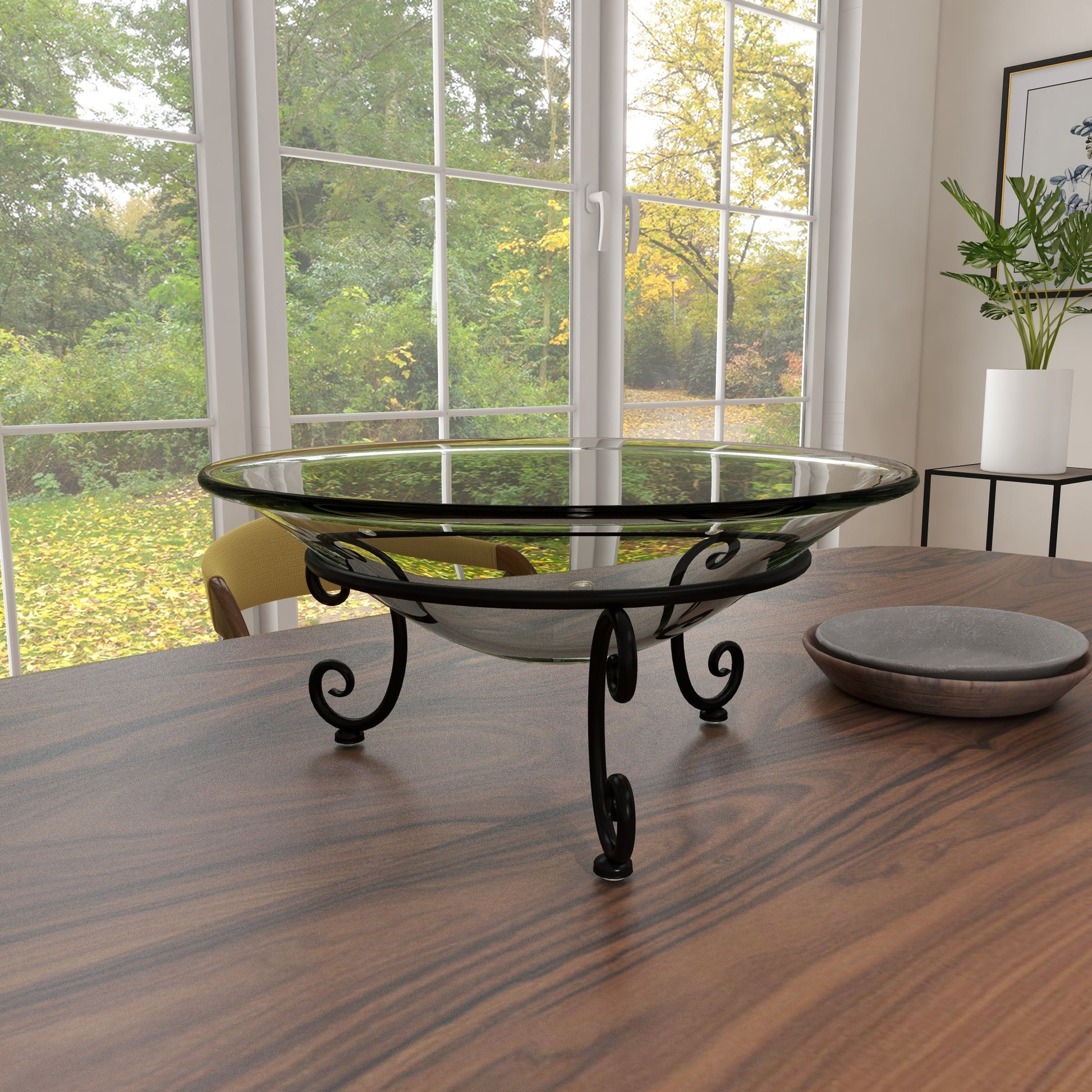 Kitchen Clear Tempered Glass Decorative Serving Bowl with Black Metal Scroll Stand