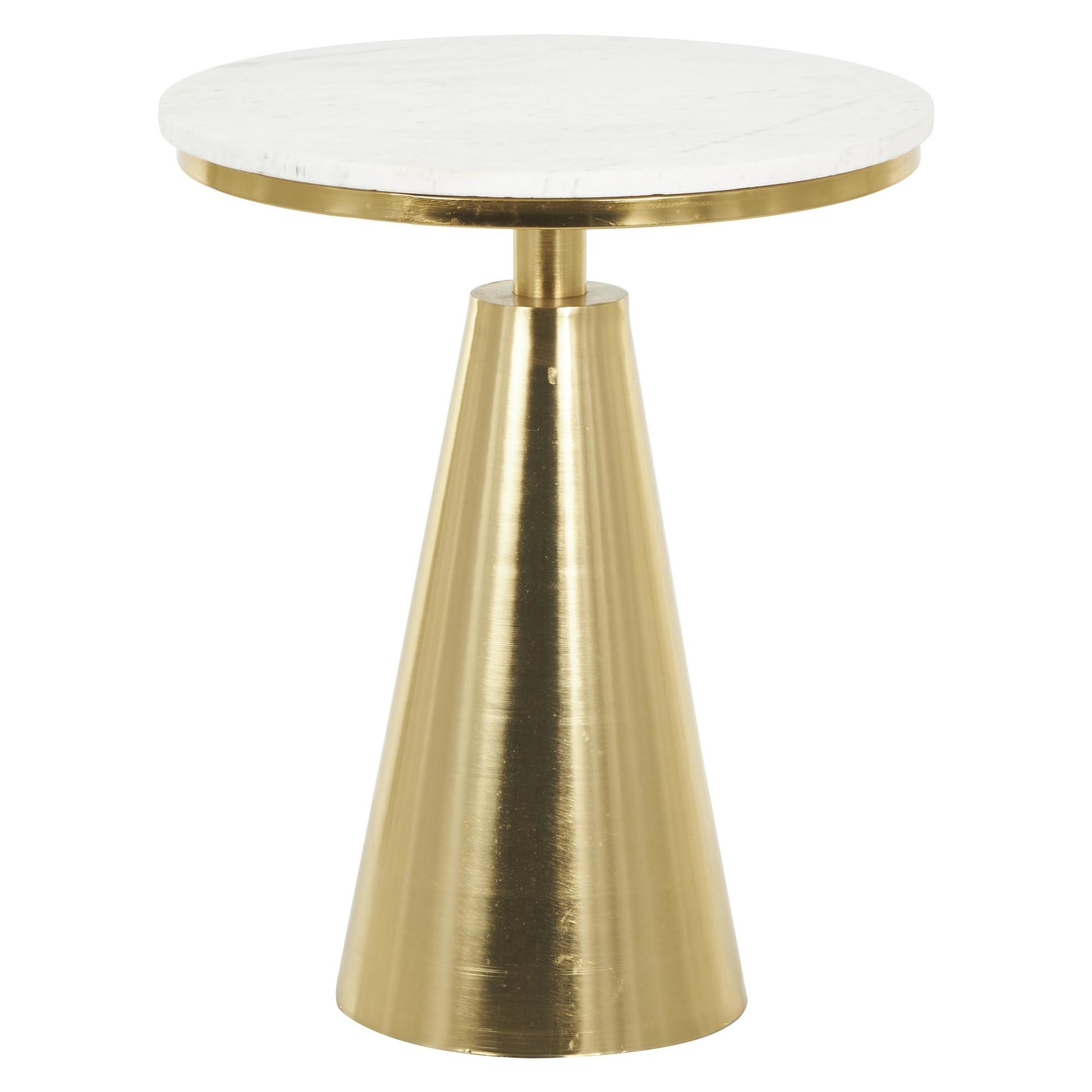 Geometric Gold Metal Cone Side End Accent Table with White Marble Tabletop
