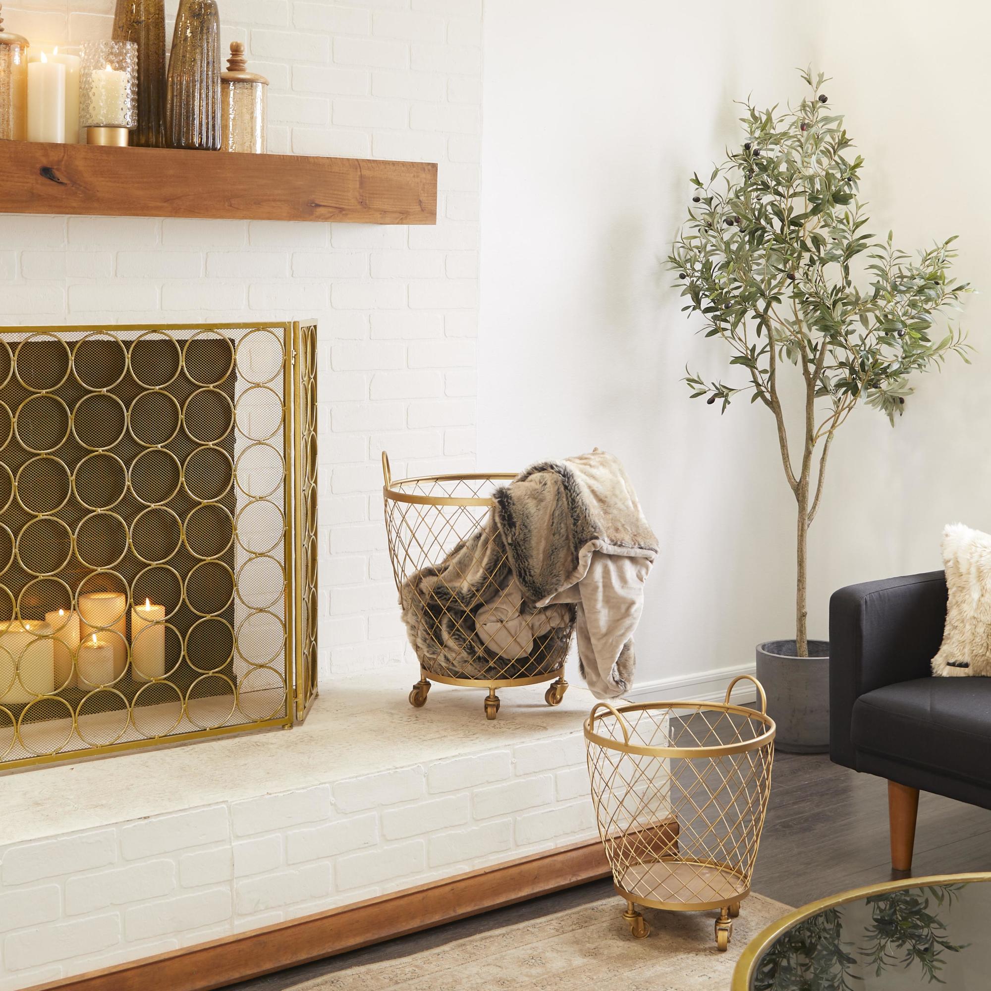 Set of 2 Gold Metal Mobile Wire Basket Mobile Storage Cart with Wood Interior