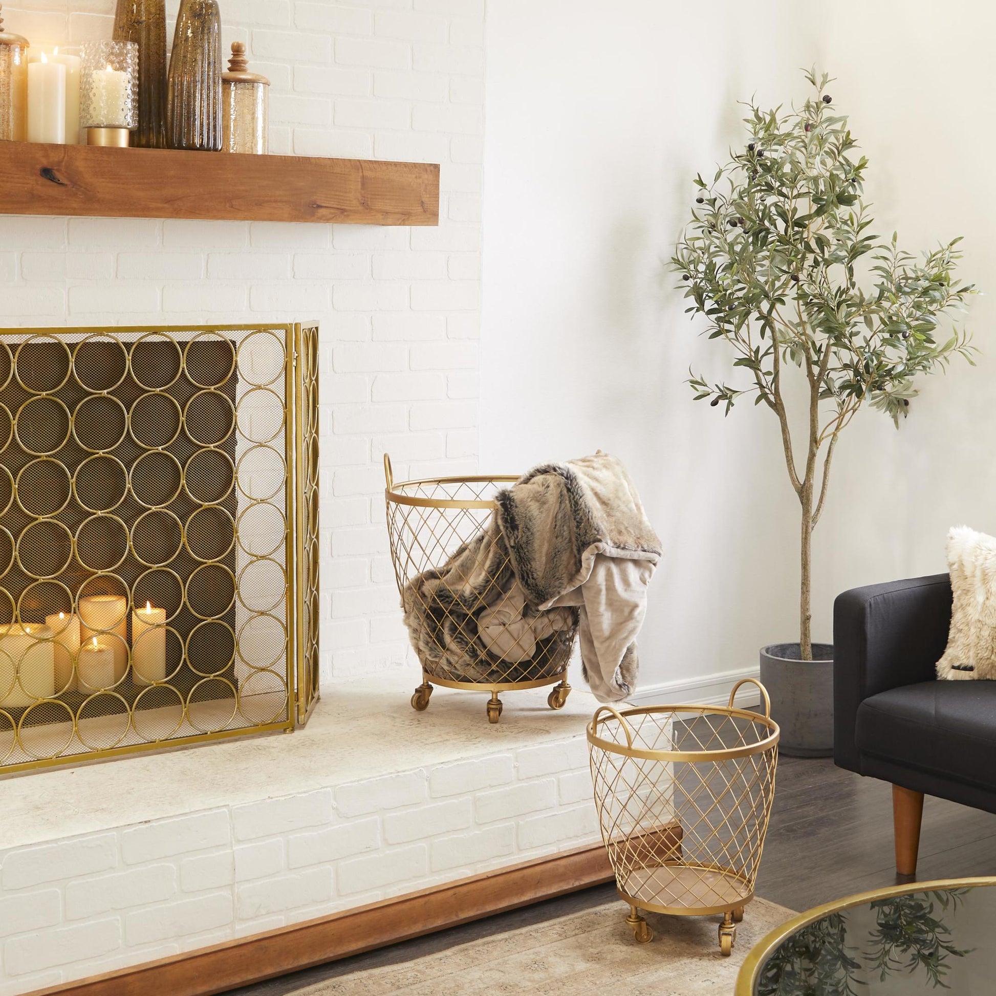 Set of 2 Gold Metal Mobile Wire Basket Mobile Storage Cart with Wood Interior