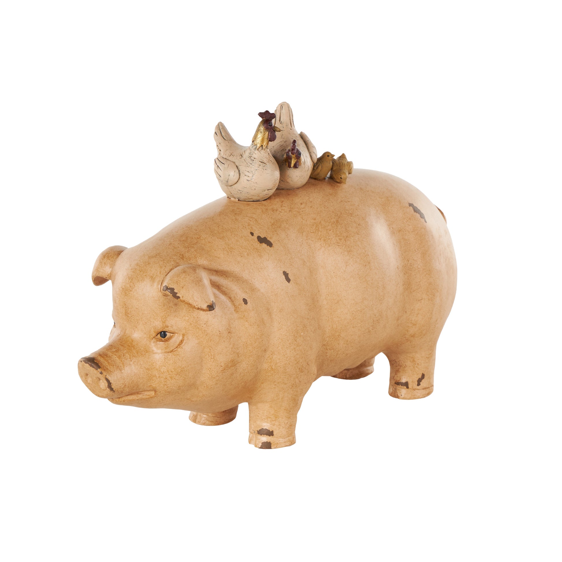 Pig Light Brown Resin Decorative Sculpture with Roosters and Chicks