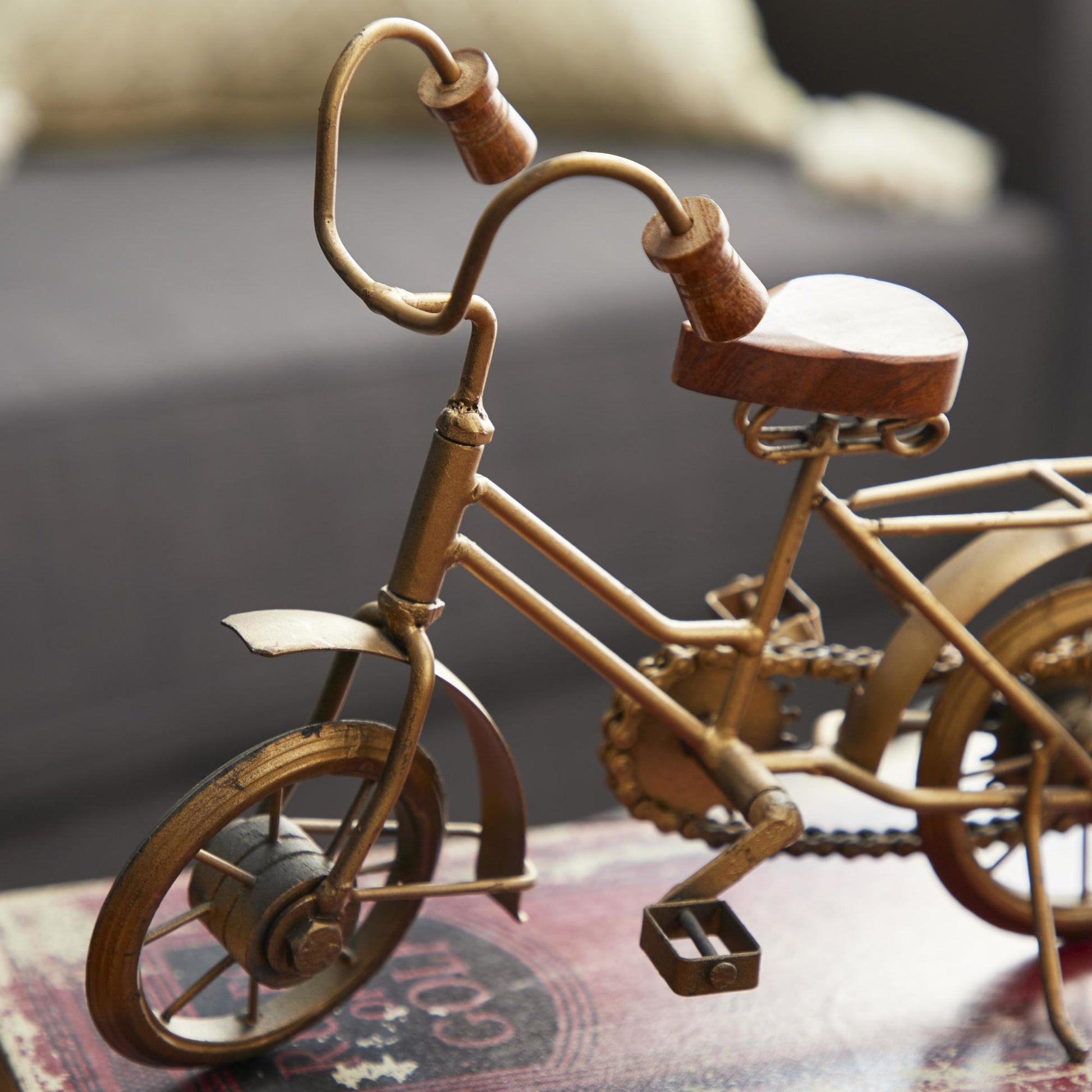 Set of 2 Bike Gold Metal Decorative Sculpture with Wood Accents