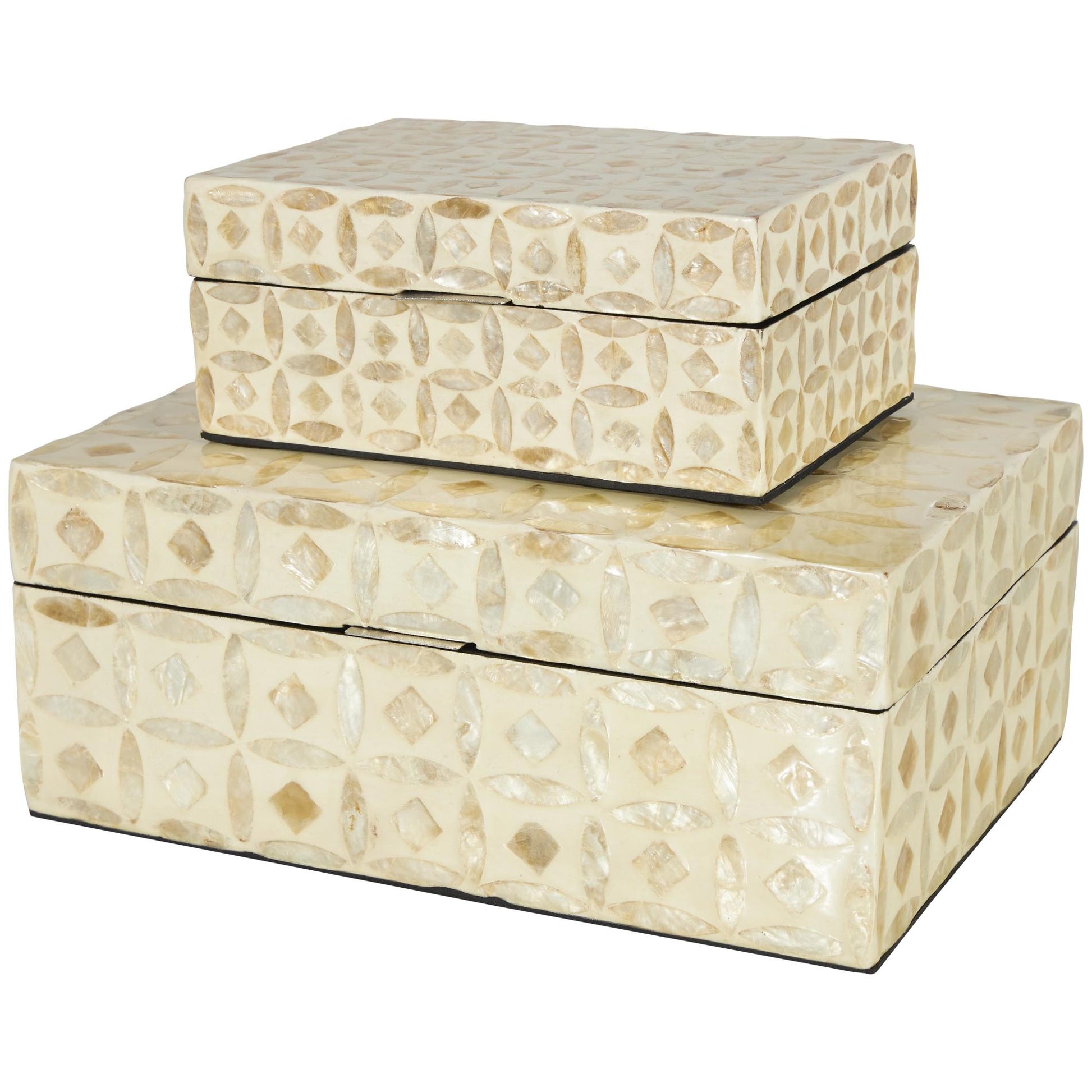 Set of 2 Moroccan Beige Mother of Pearl Shell Mosaic Storage Decorative Box with Taupe Accents