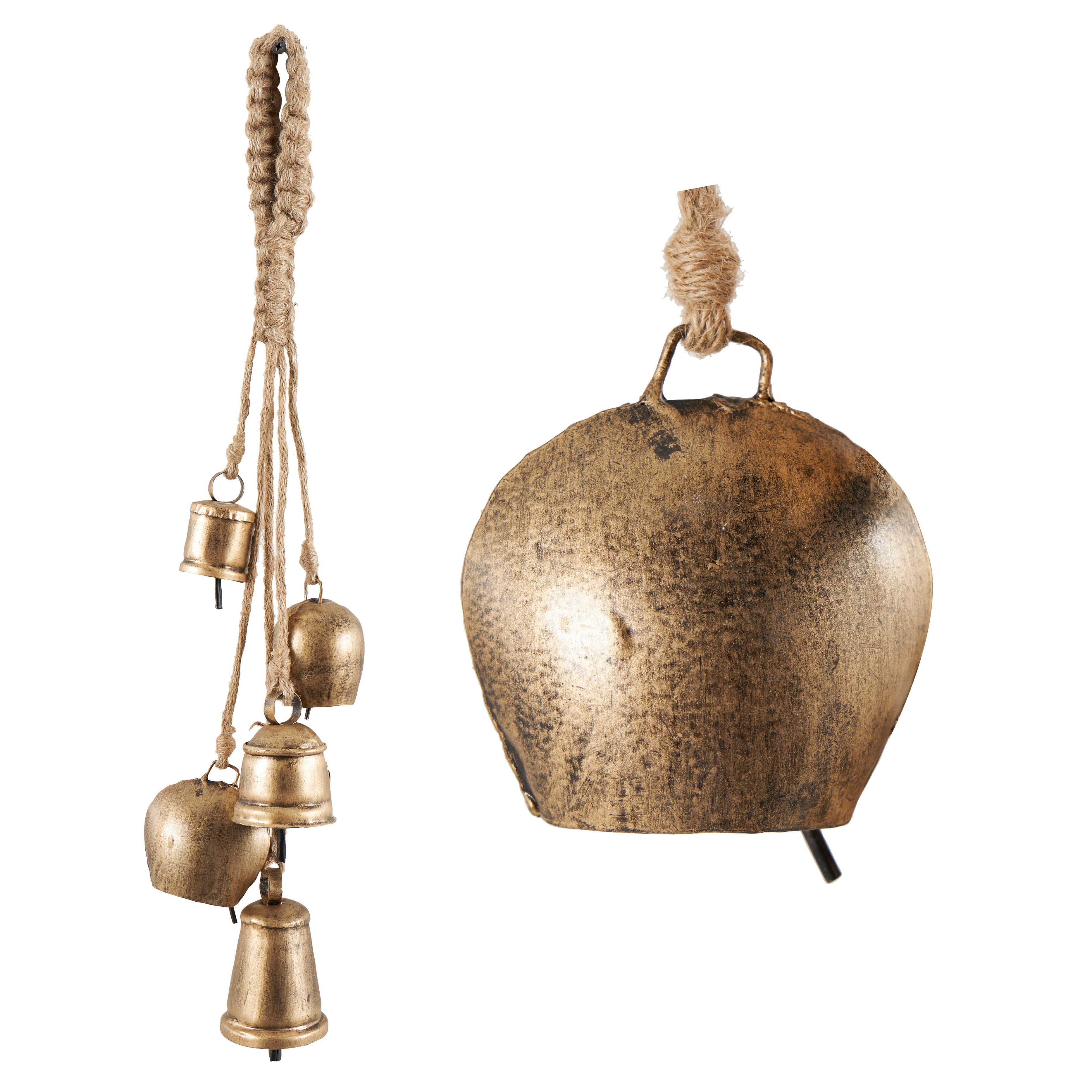 Metal Cascading Cluster Indoor Outdoor Decorative Cow Bells with Jute Hanging Rope