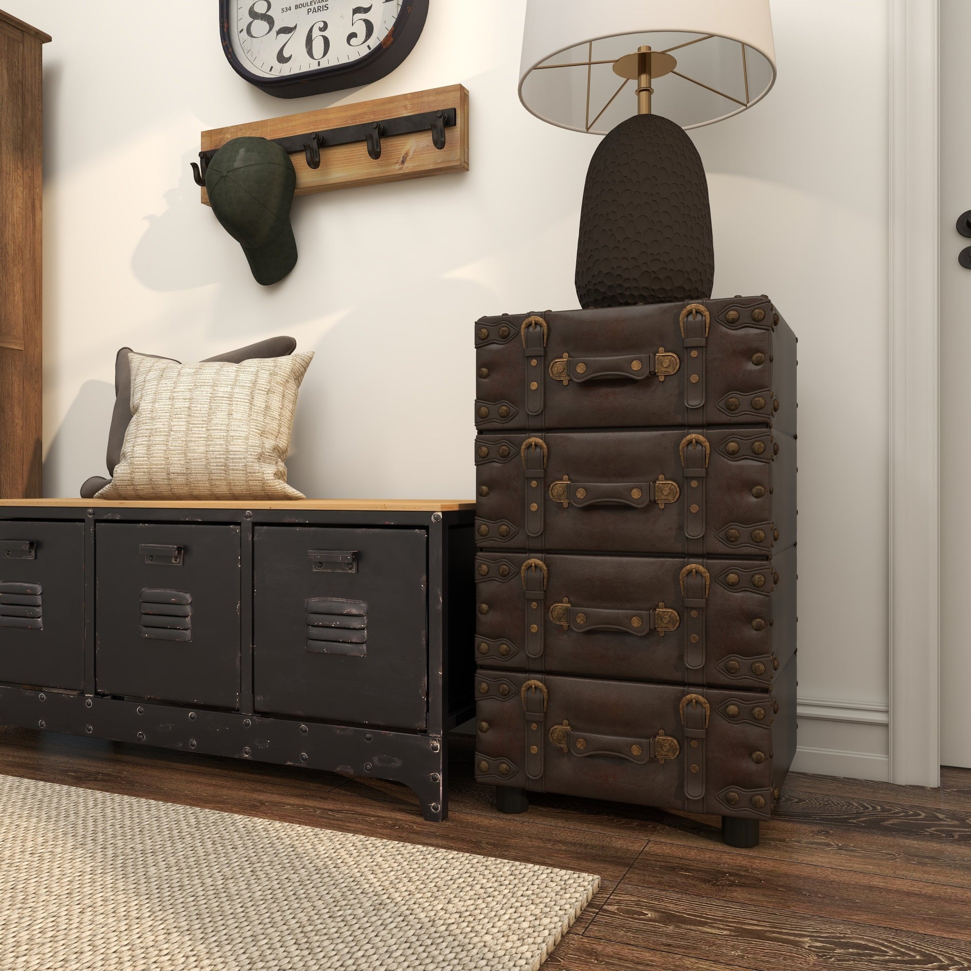 Black Faux Leather Vintage 4 Drawer Room Chest with Buckle Straps and Gold Stud Details