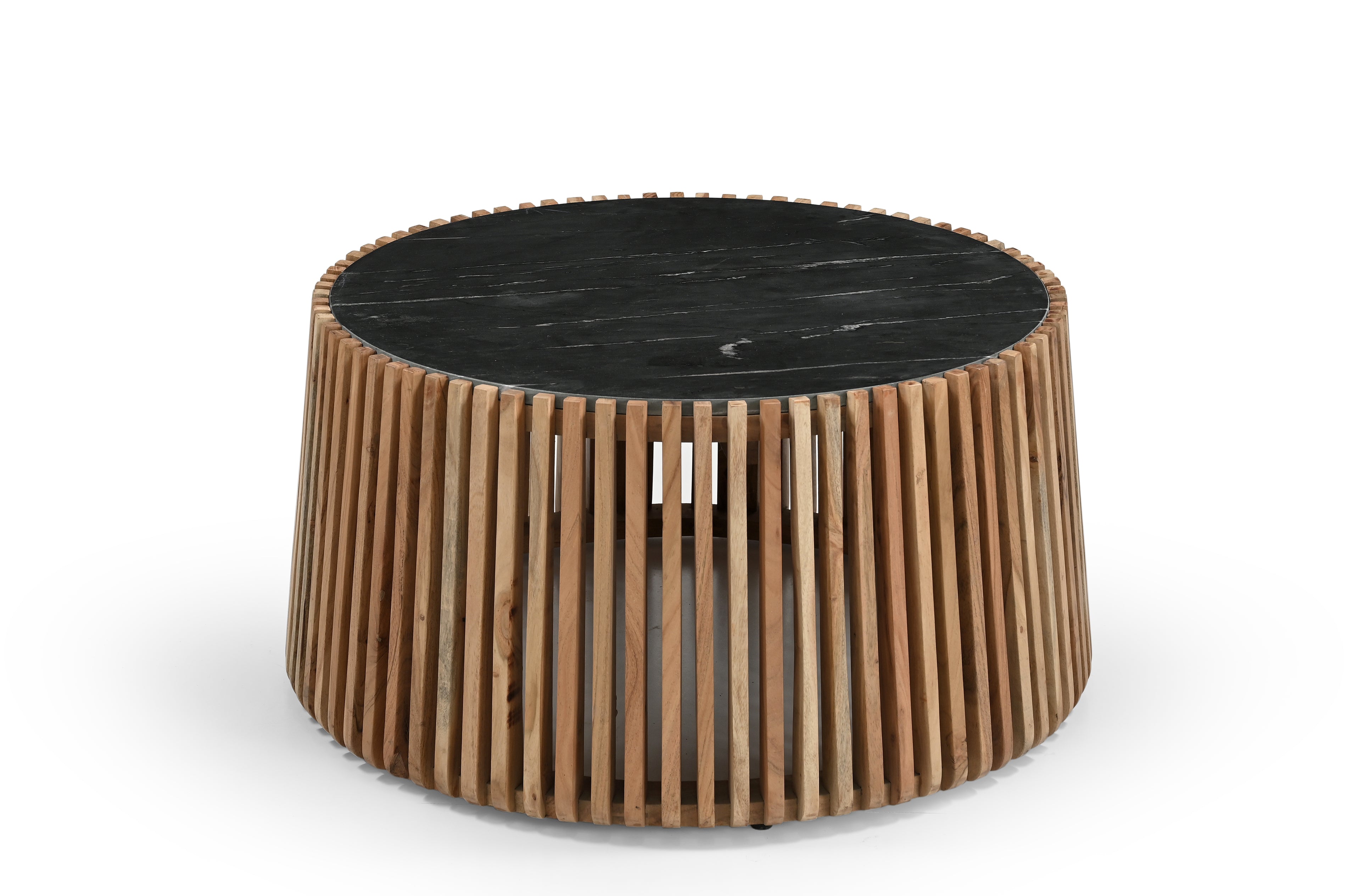 Brown Wood Slatted Open Framed Drum Living Room Coffee Table with Black Marble Tabletop