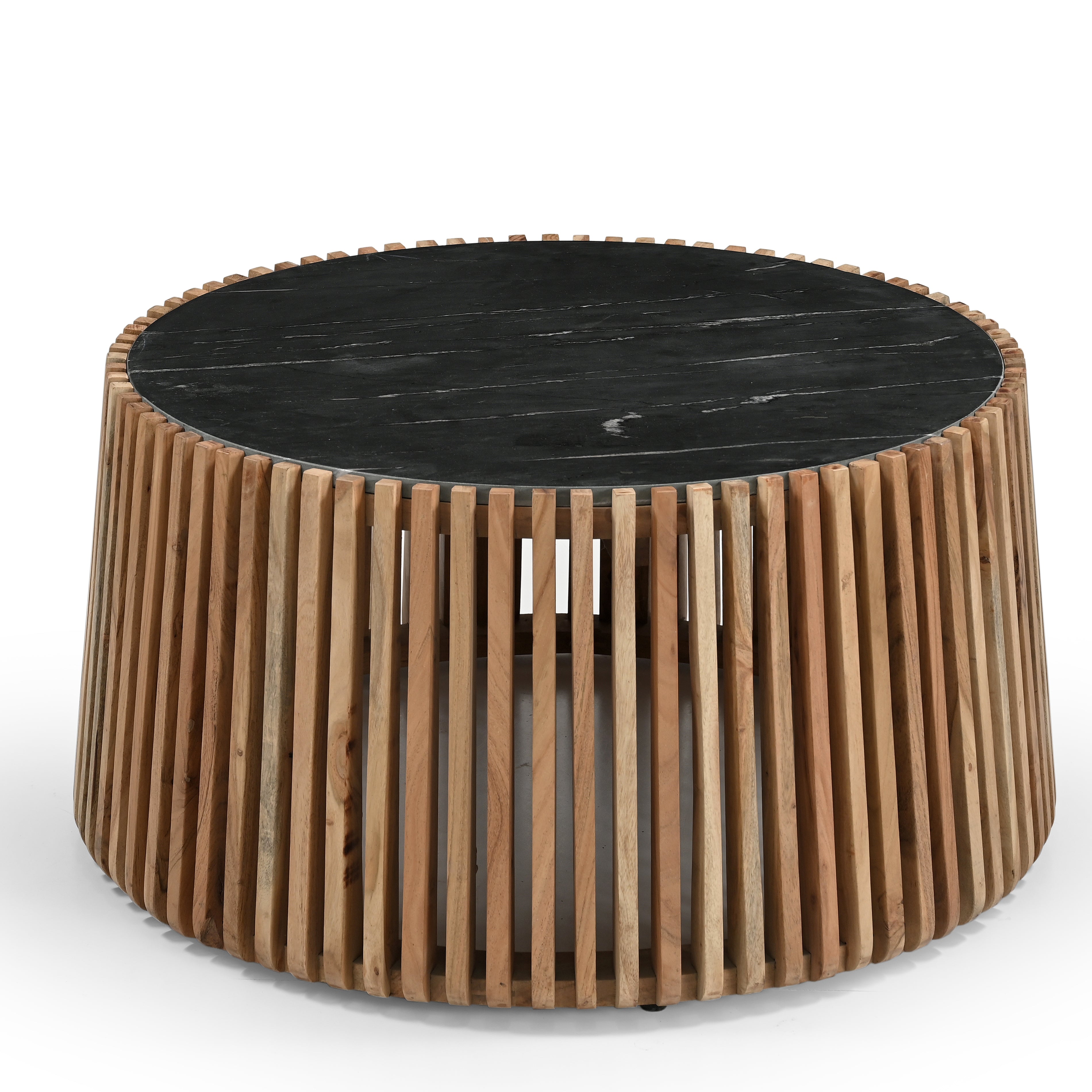 Brown Wood Slatted Open Framed Drum Living Room Coffee Table with Black Marble Tabletop