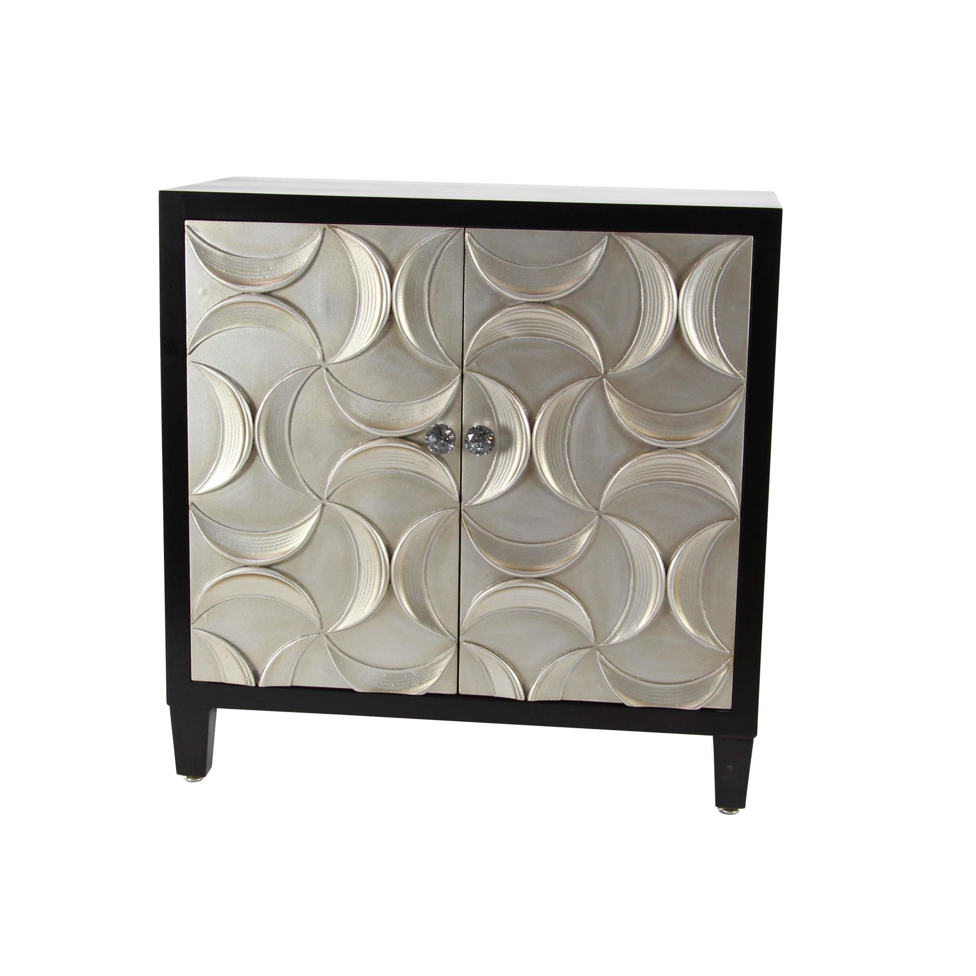 Moon Black Wooden Silver Crescent Relief Design 2 Door Room Cabinet with Crystal Knob Handles