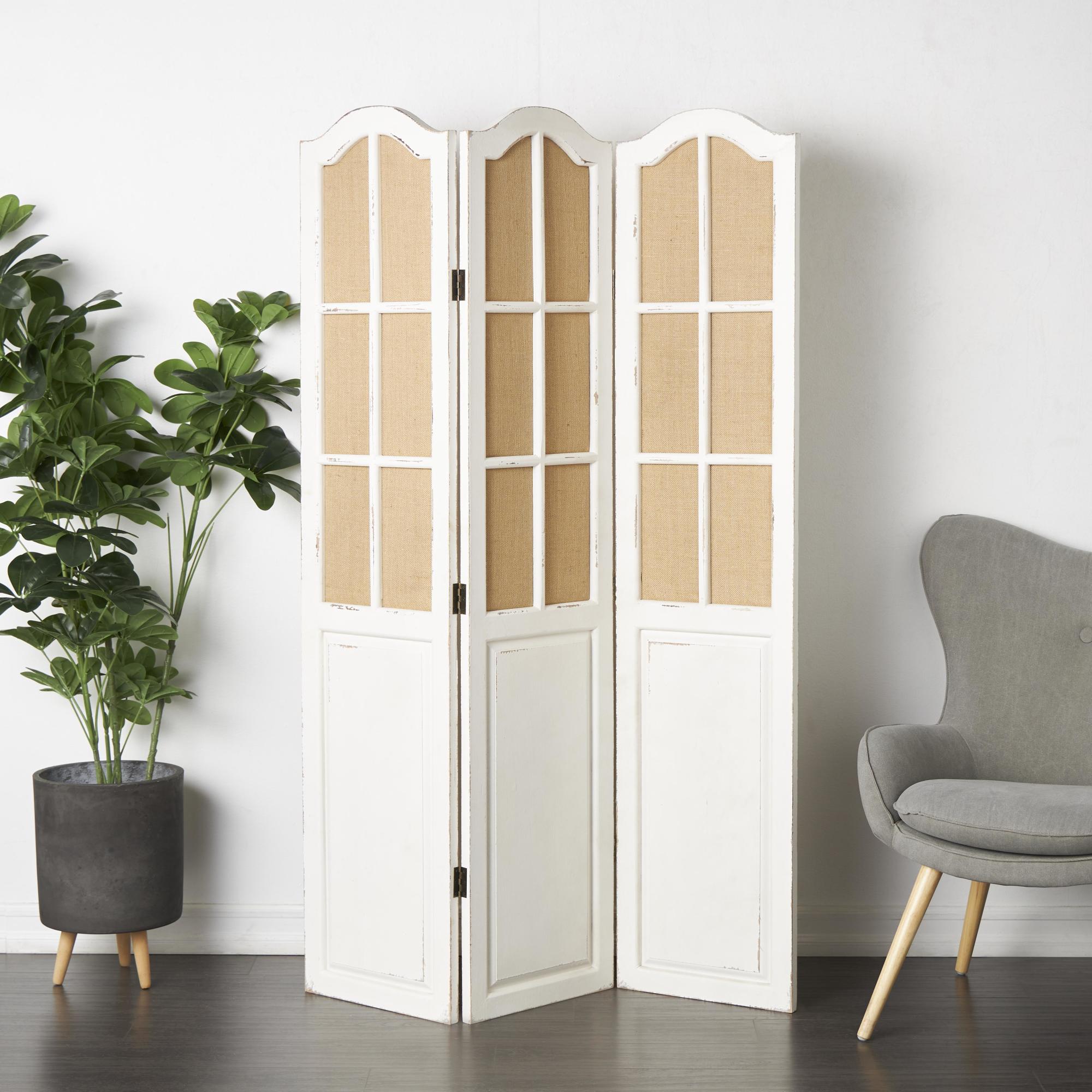 Beige Wood Hinged Foldable Partition 3 Panel Partition Room Divider Screen with Burlap Window Pane Design