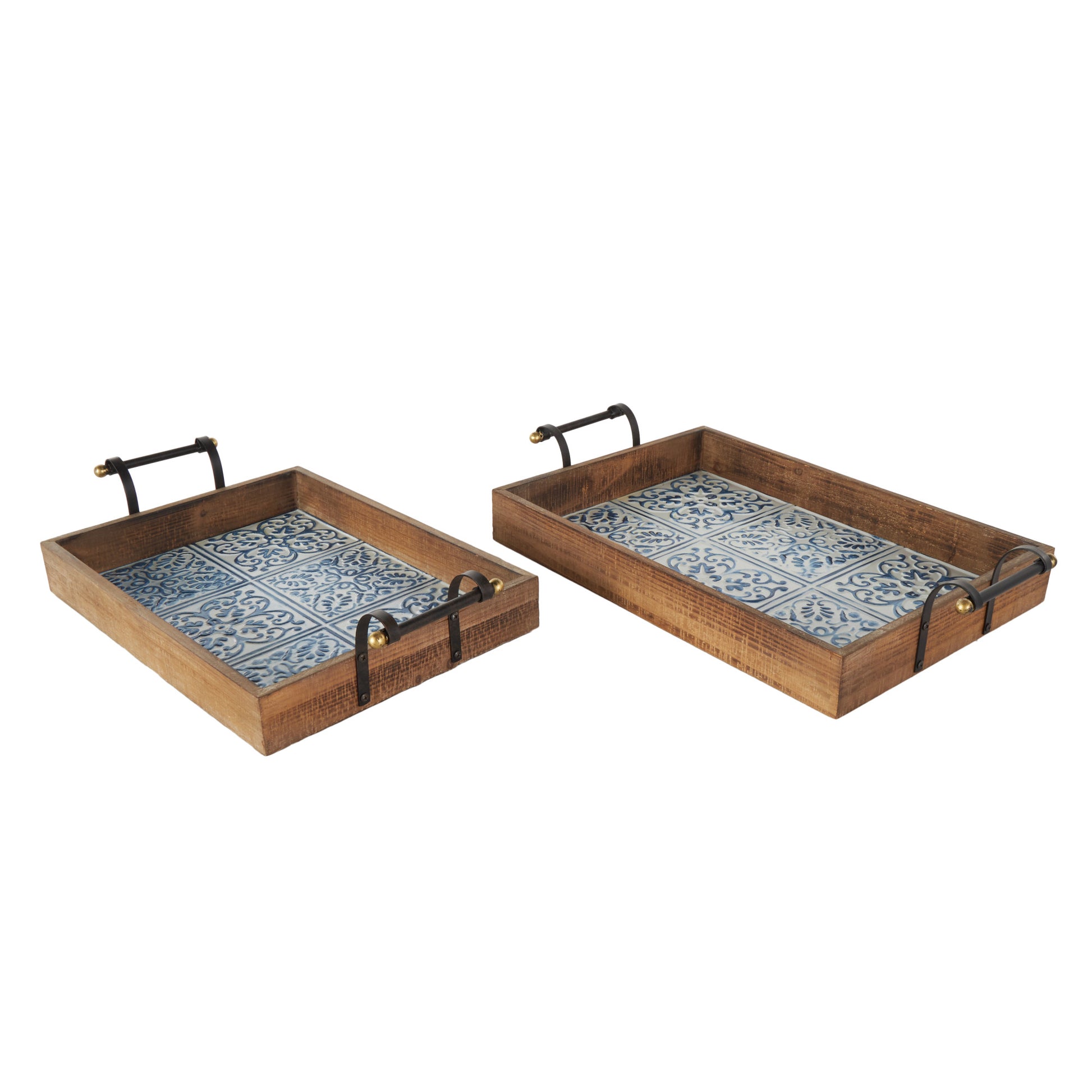 Set of 2 Floral Brown Wood Living Room Decor Tray with Tile Patterns