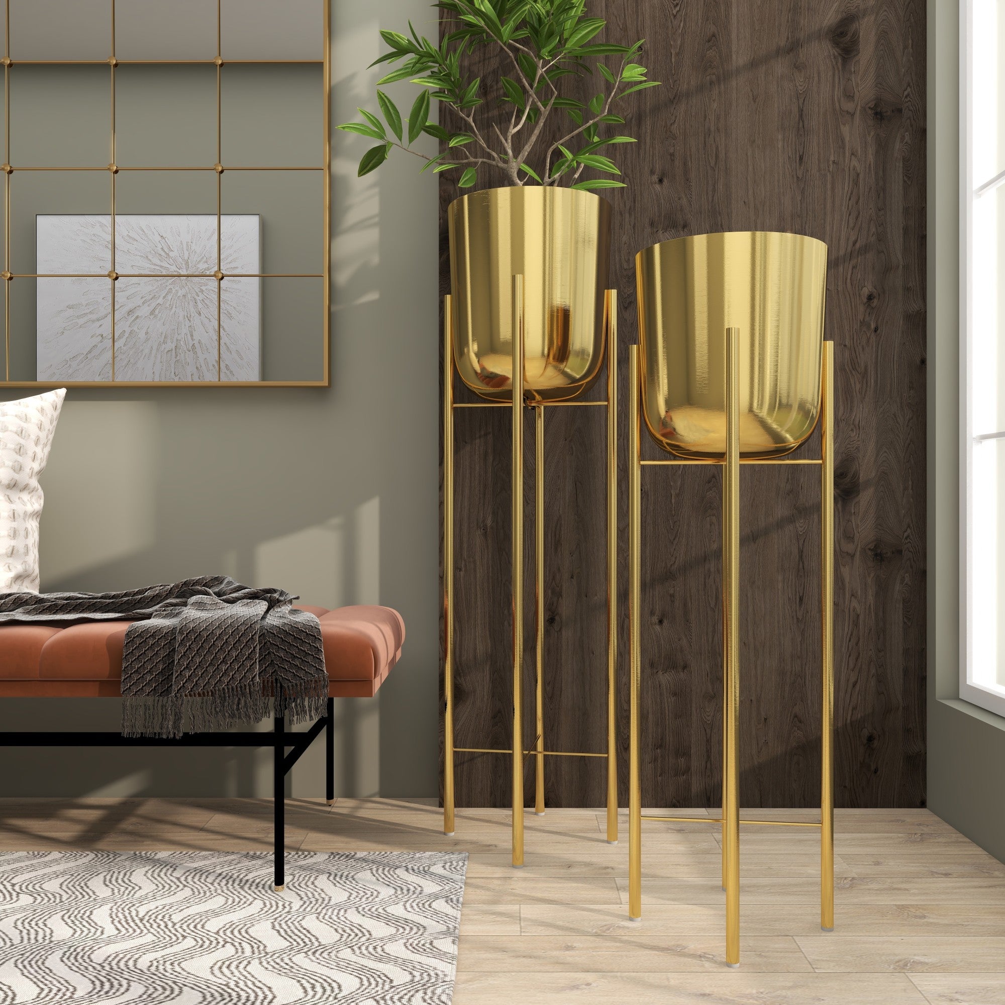 Set of 2 Metal Deep Recessed Dome Speckled Indoor Outdoor Planter with Removable Stand Set of 2 39", 46"H