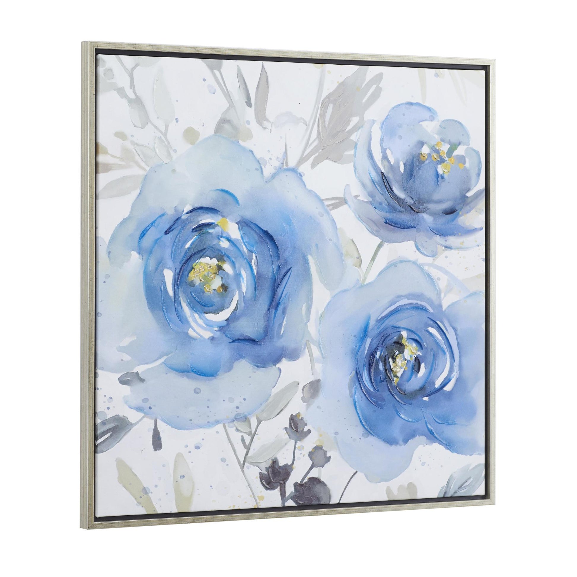 Floral Blue Canvas Living Room Framed Wall Art with Silver Frame