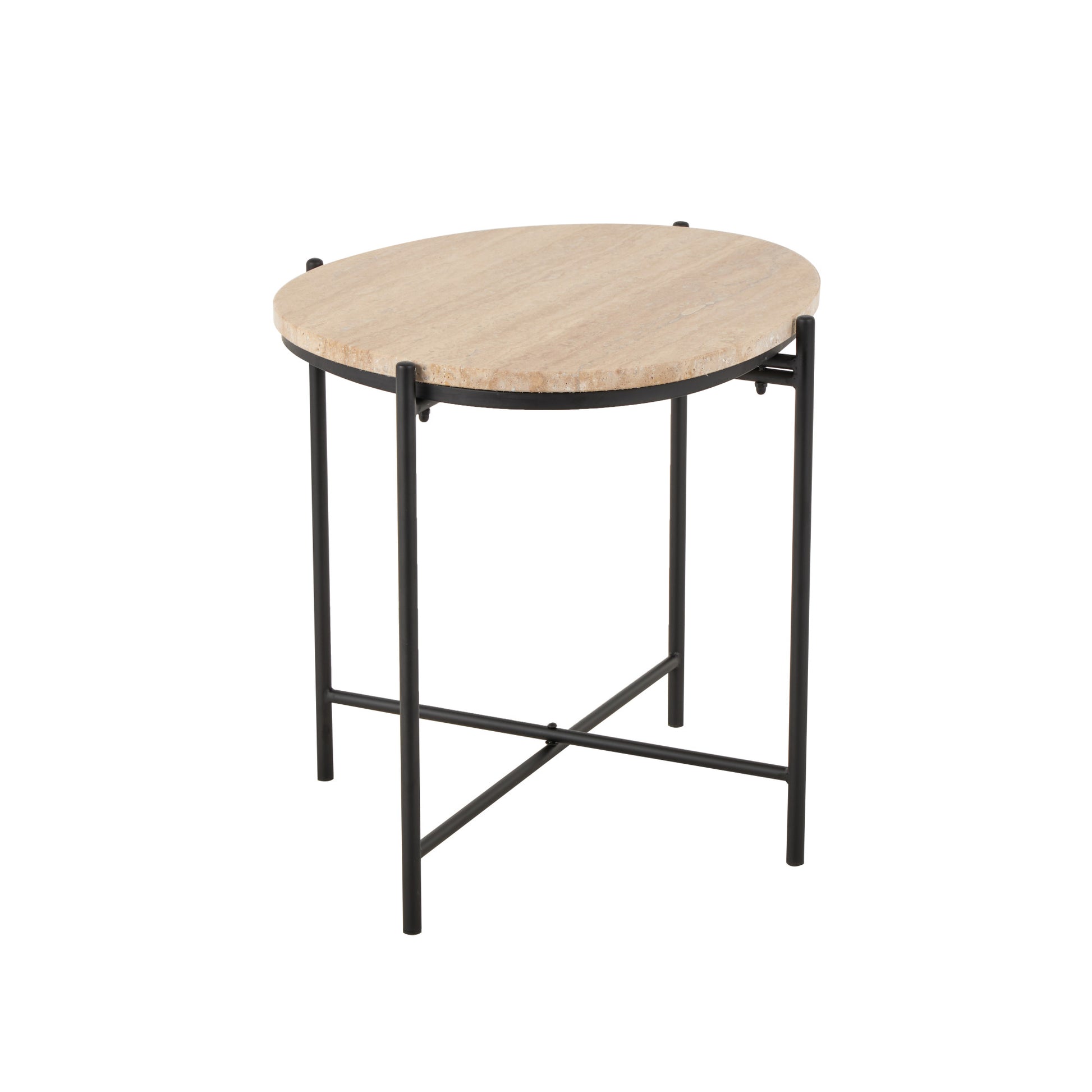 Beige Marble Round Side End Accent Table with Black Metal Support