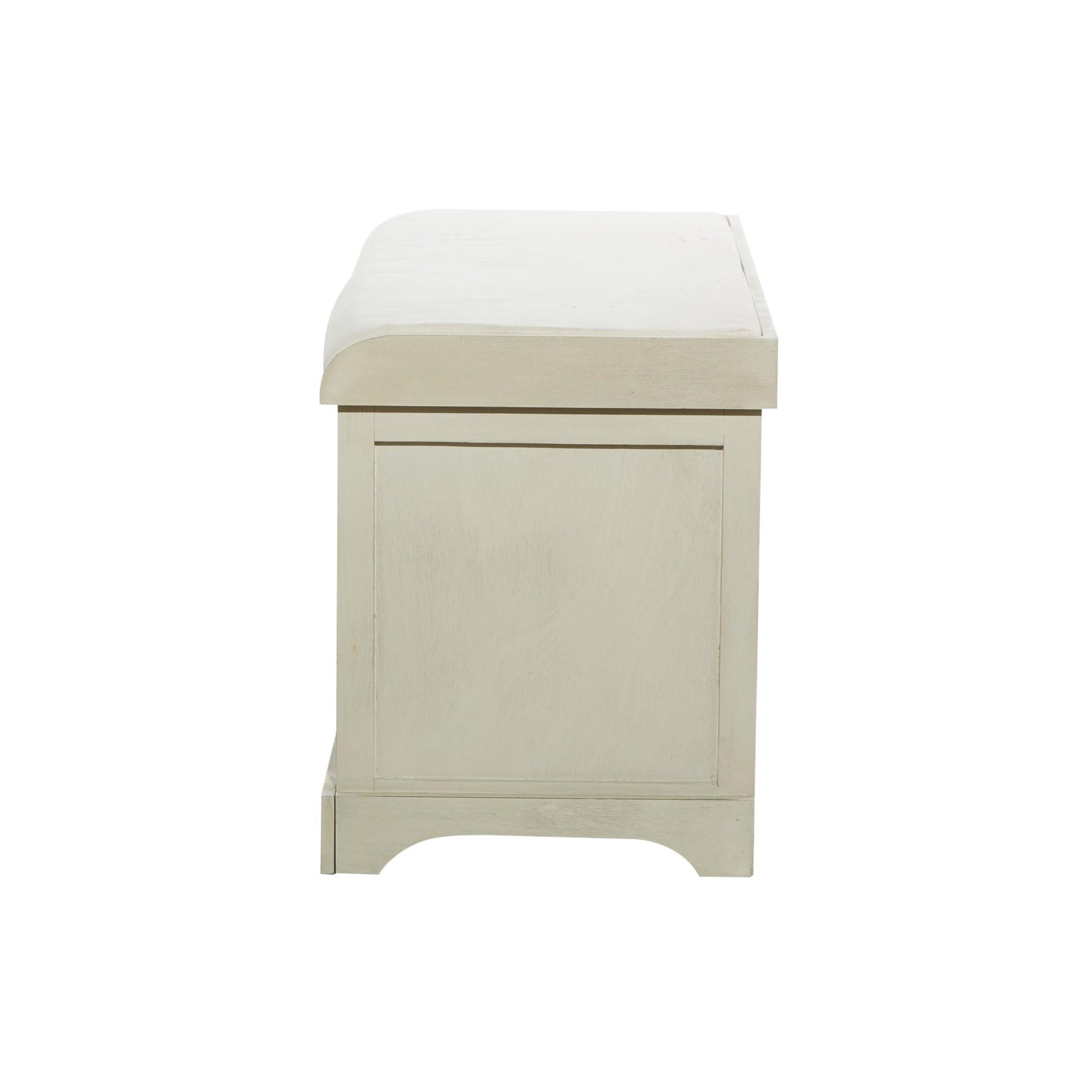 White Wood Room Storage Bench with Brown Seagrass Baskets and Cushioned Seat