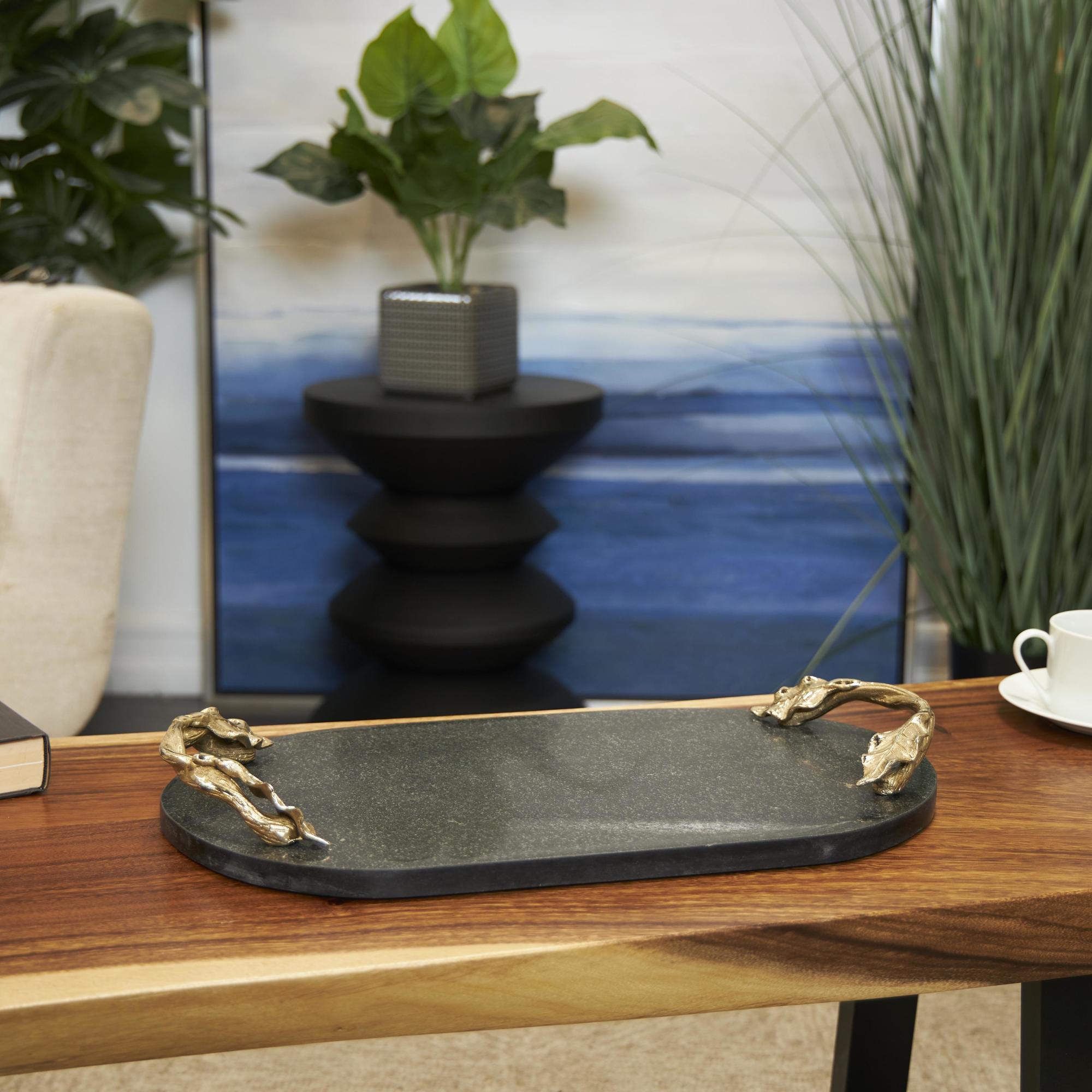 Leaf Marble Oval Living Room Decor Tray with Gold Twisted Metal Handles