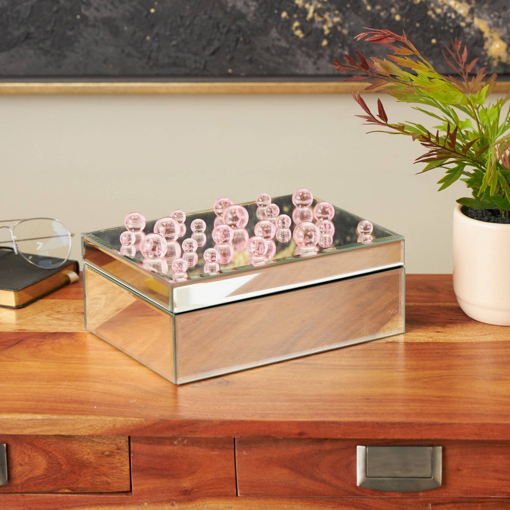 Glass Mirrored Decorative Jewelry Box with Pink Bubble Textured Balls