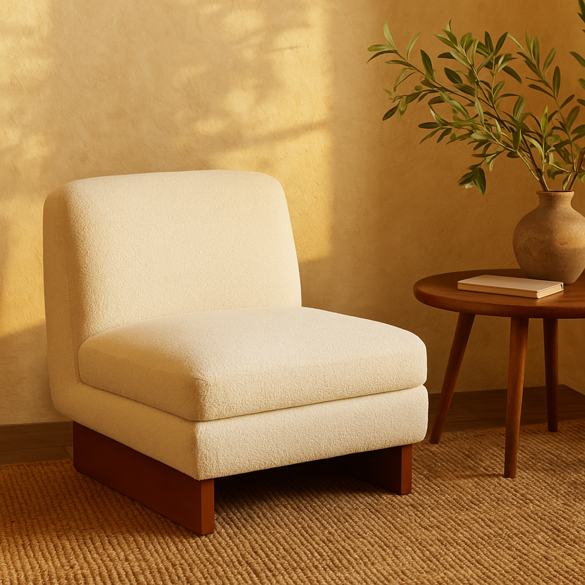 White Polyester Boucle Living Room Accent Chair with Brown Wooden Legs