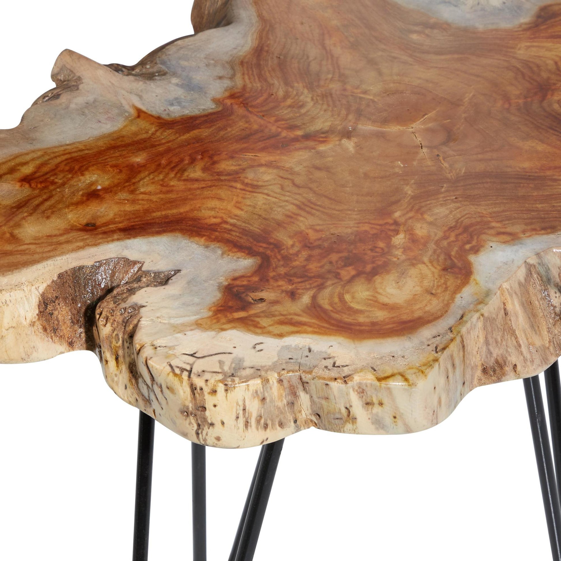 Set of 2 Brown Teak Wood Live Edge Top Side End Accent Table with Black Metal Hairpin Legs