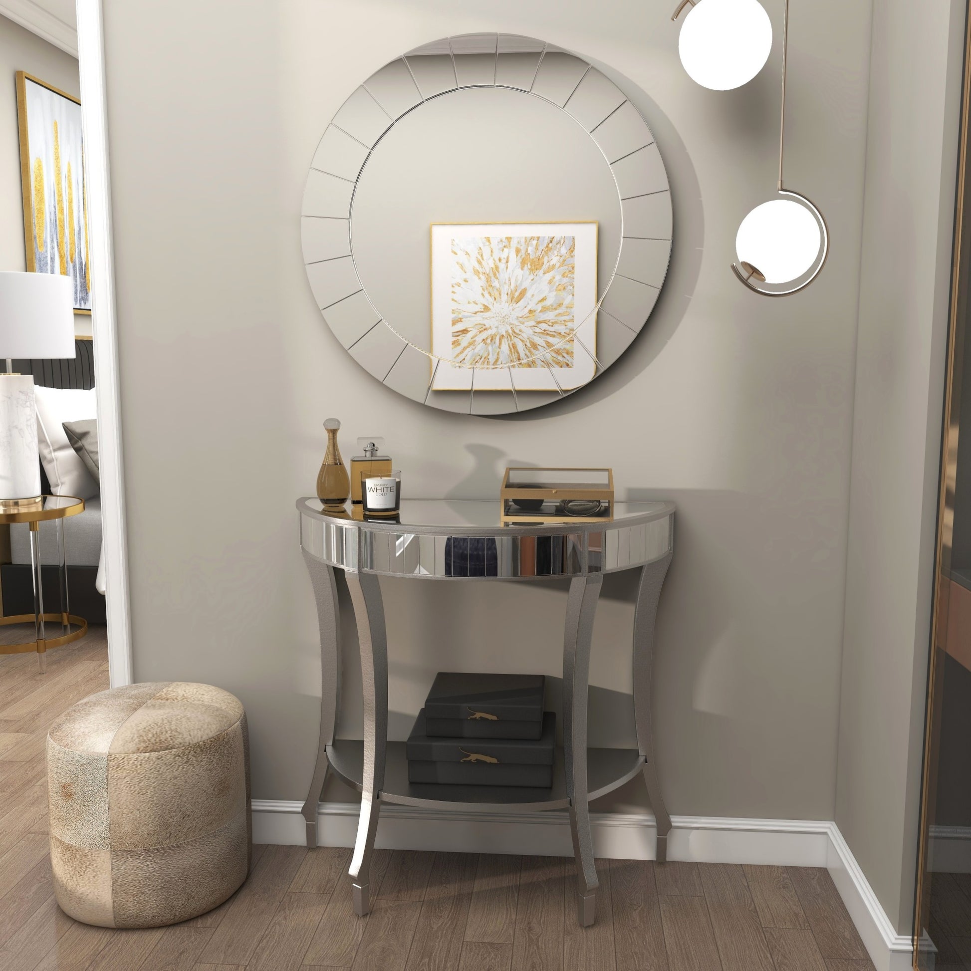 Set of 2 Silver Wood Mirrored Panel Half Moon Living Room Console Table with Mirror