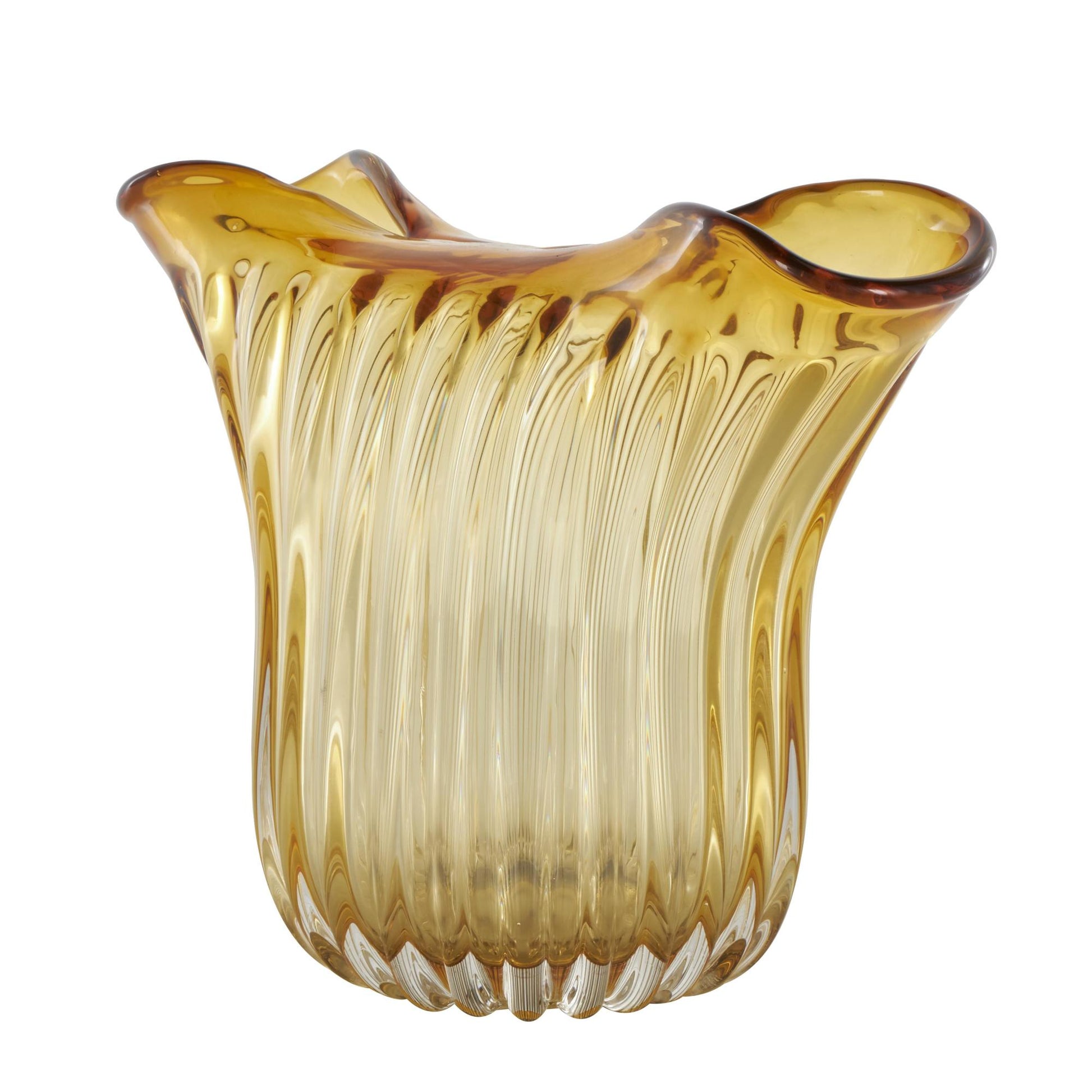 Abstract Orange Glass Ribbed Ombre Decorative Vase with Folded Curve Opening