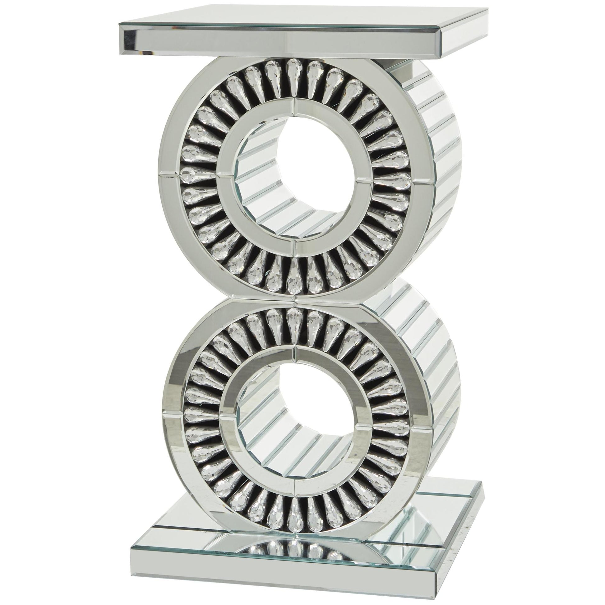 Silver Glass Mirrored Side End Accent Table with Crystal Embellishment